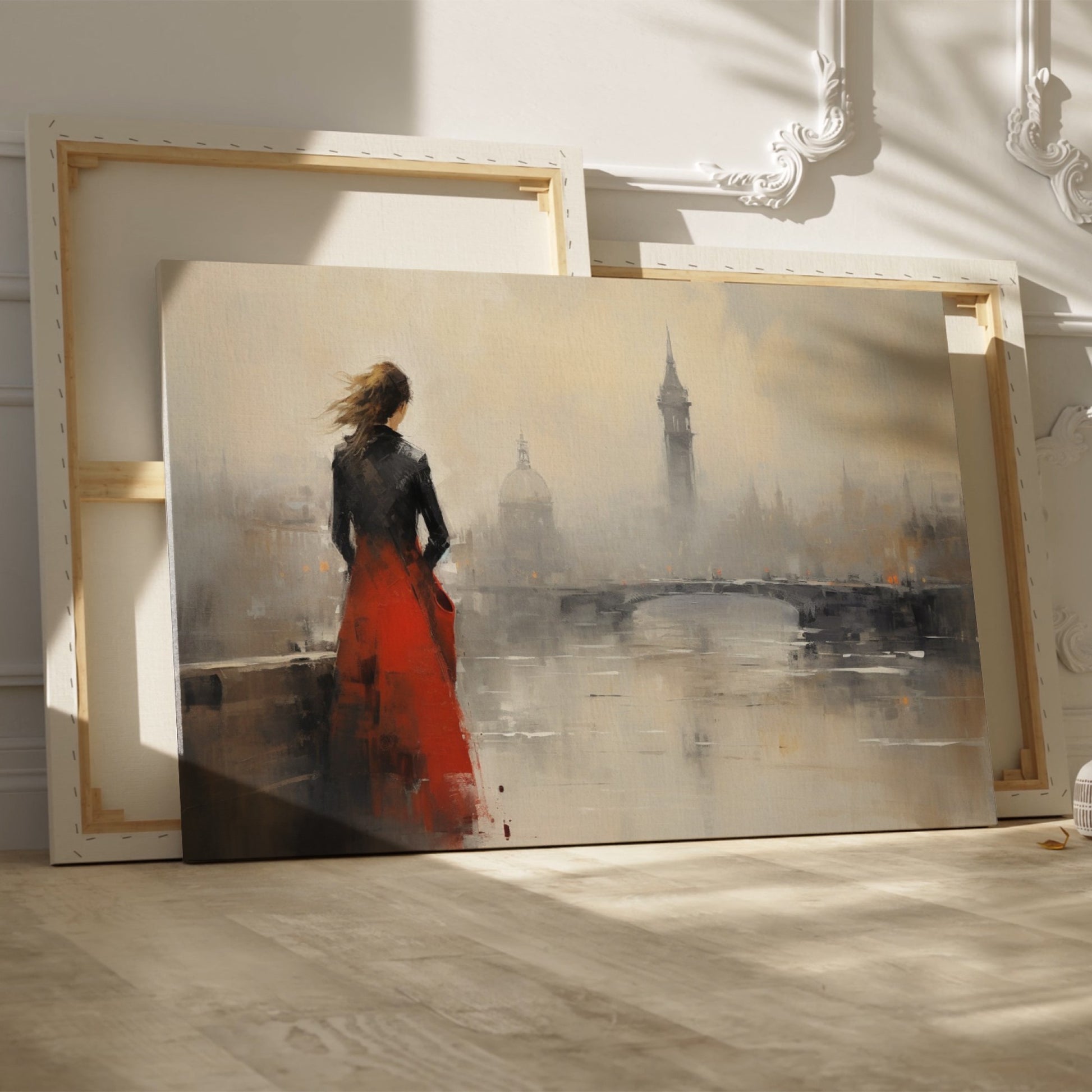 Framed canvas print of an elegant woman overlooking a misty cityscape with a red dress as a focal point