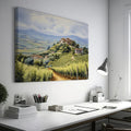 Framed canvas print of a tranquil Tuscan vineyard with rolling hills and Italian country houses