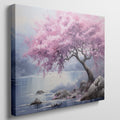 Framed canvas print of a cherry blossom tree by a lake with vivid pink flowers and tranquil blue waters