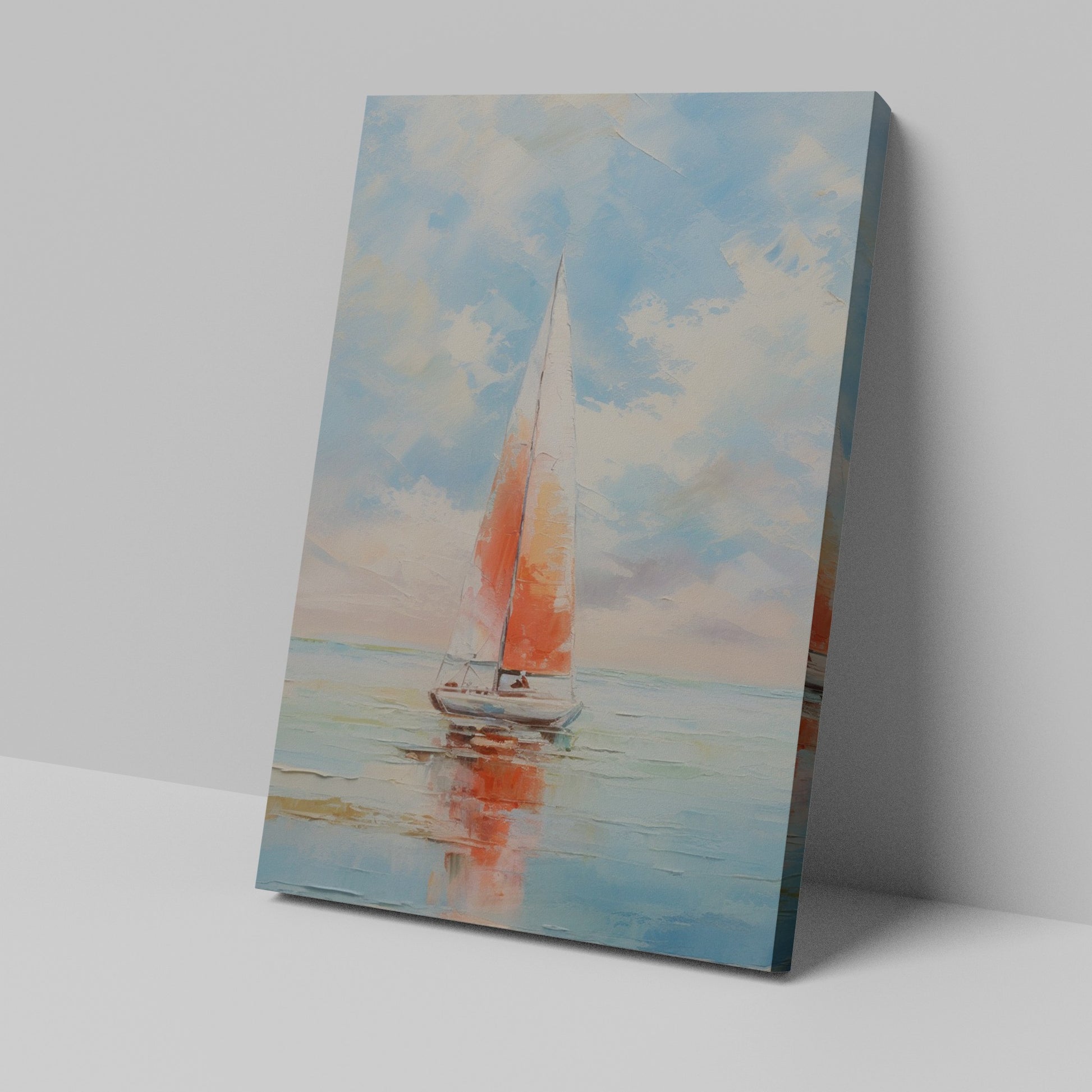 Framed canvas print of a vibrant sailboat against a pastel sunset sky reflected on tranquil ocean waters