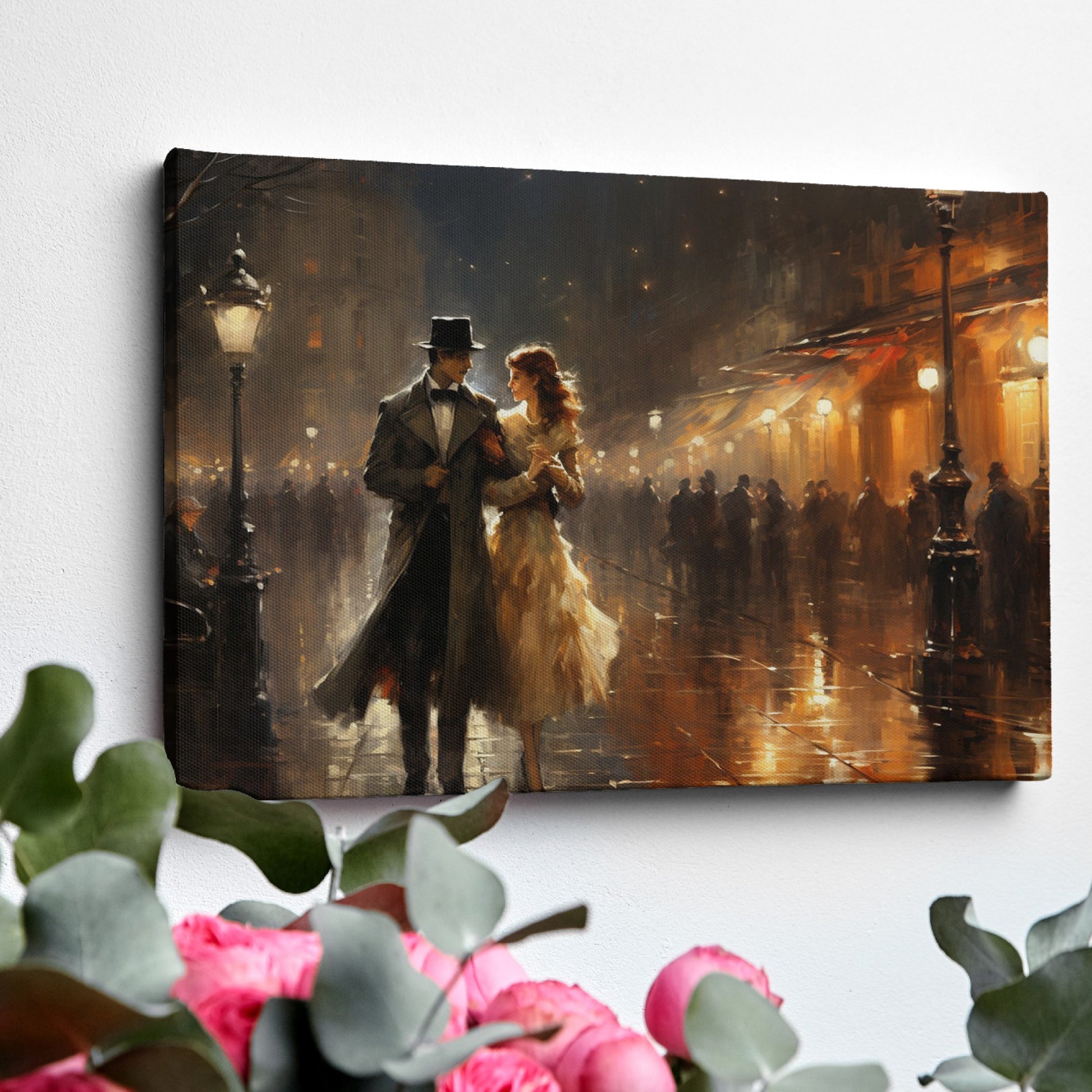 Framed canvas print of a Victorian couple on a romantic evening stroll on a rainy Paris street with warm glowing lights