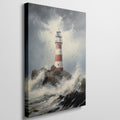 Framed canvas print of a lighthouse on rocky shores with turbulent waves and stormy sky