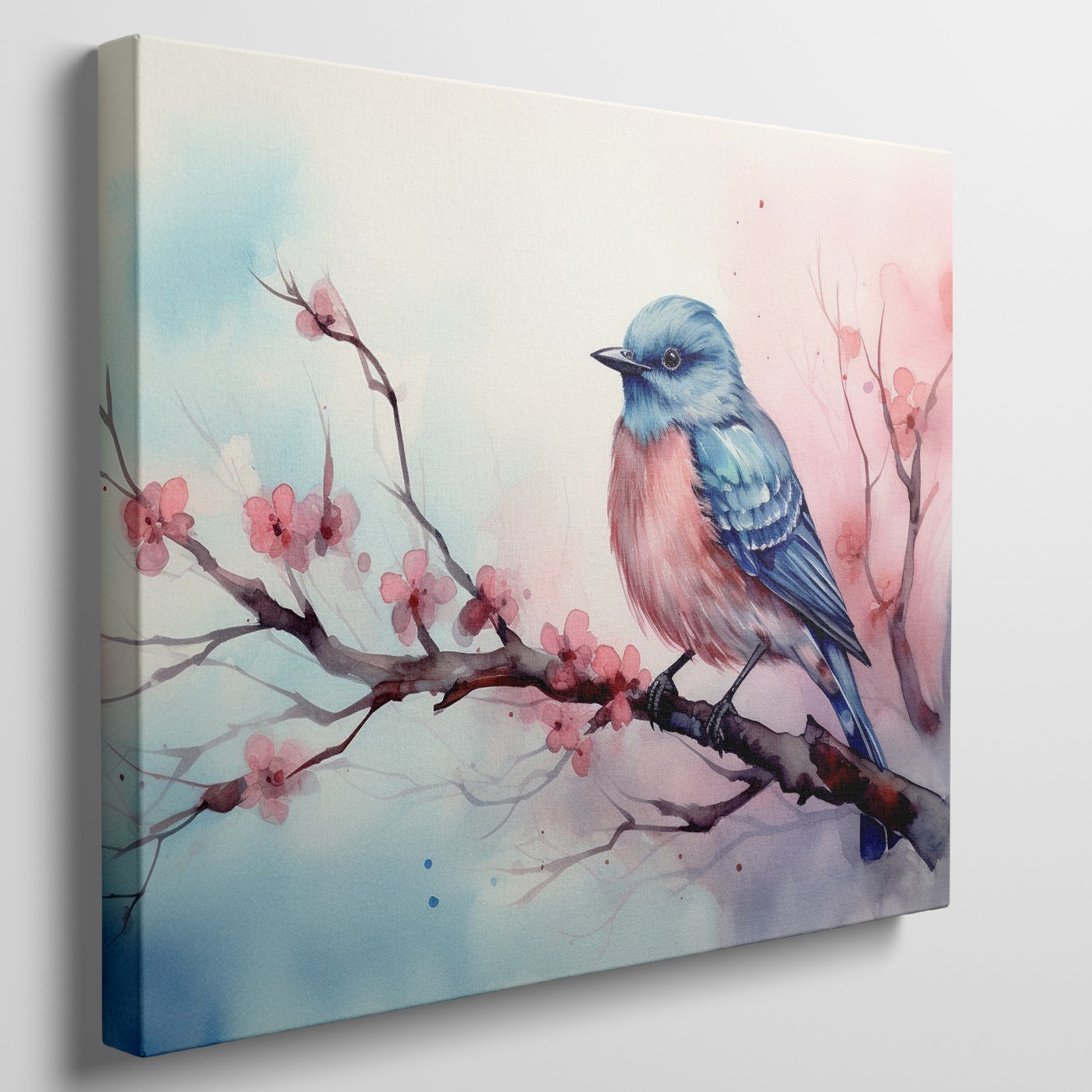 Framed canvas print of a vibrant bluebird on cherry blossom branch in watercolor