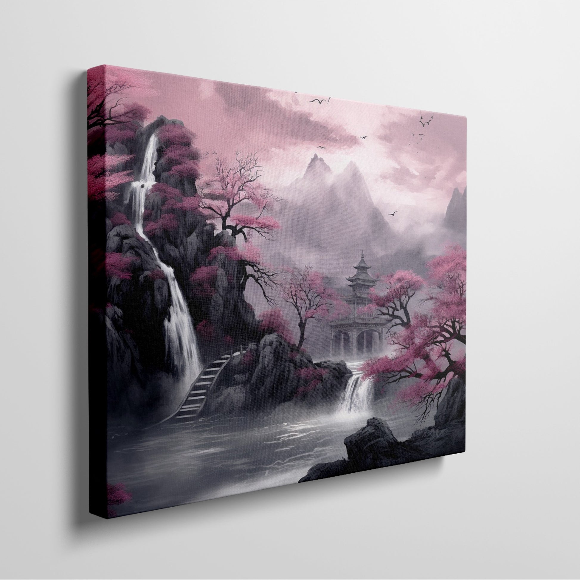 Framed canvas print of a misty oriental landscape with cherry blossoms and pagoda