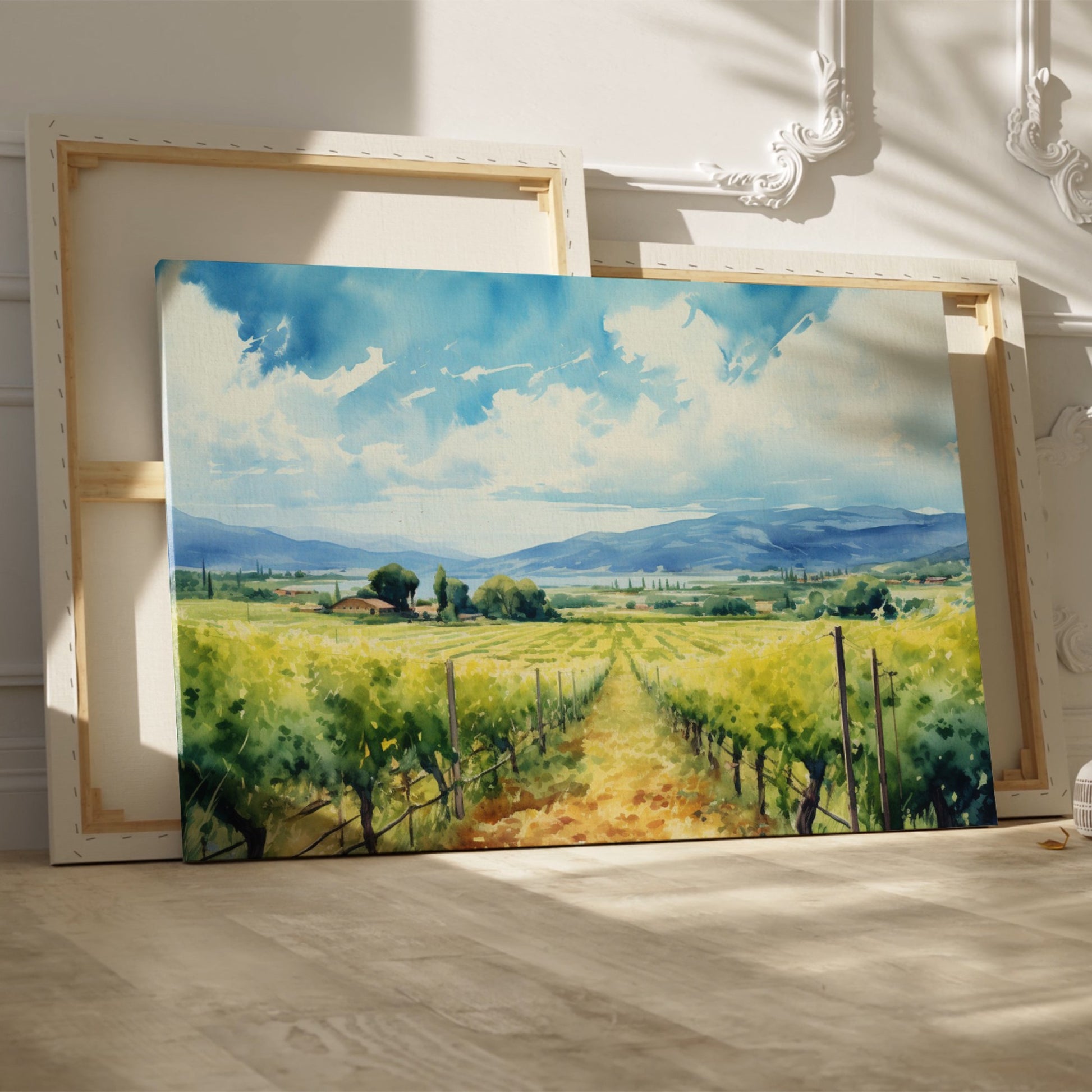 Framed canvas print of a scenic watercolor vineyard landscape with lush greenery and open sky