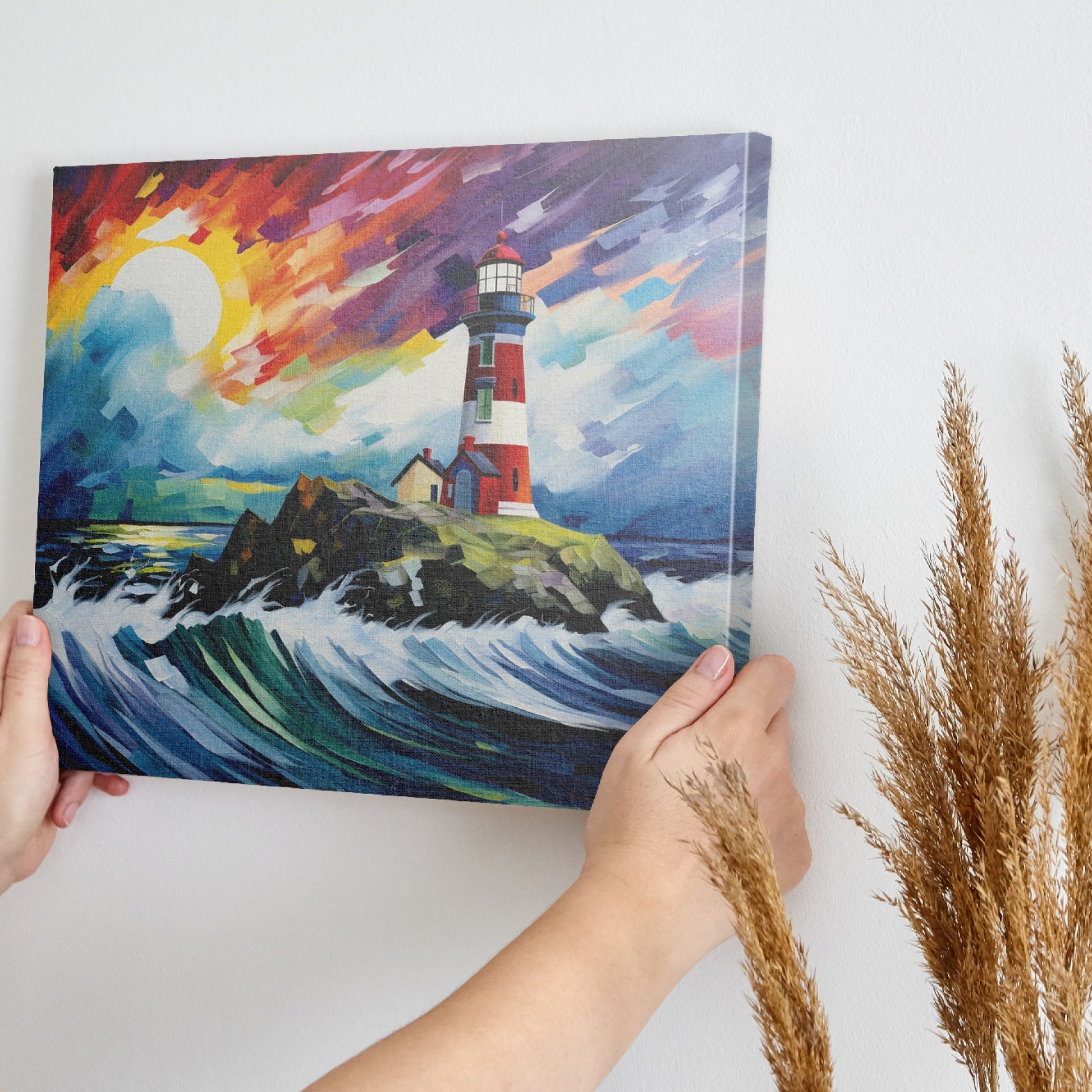 Abstract painting of a lighthouse with colorful brush strokes representing waves and sunset