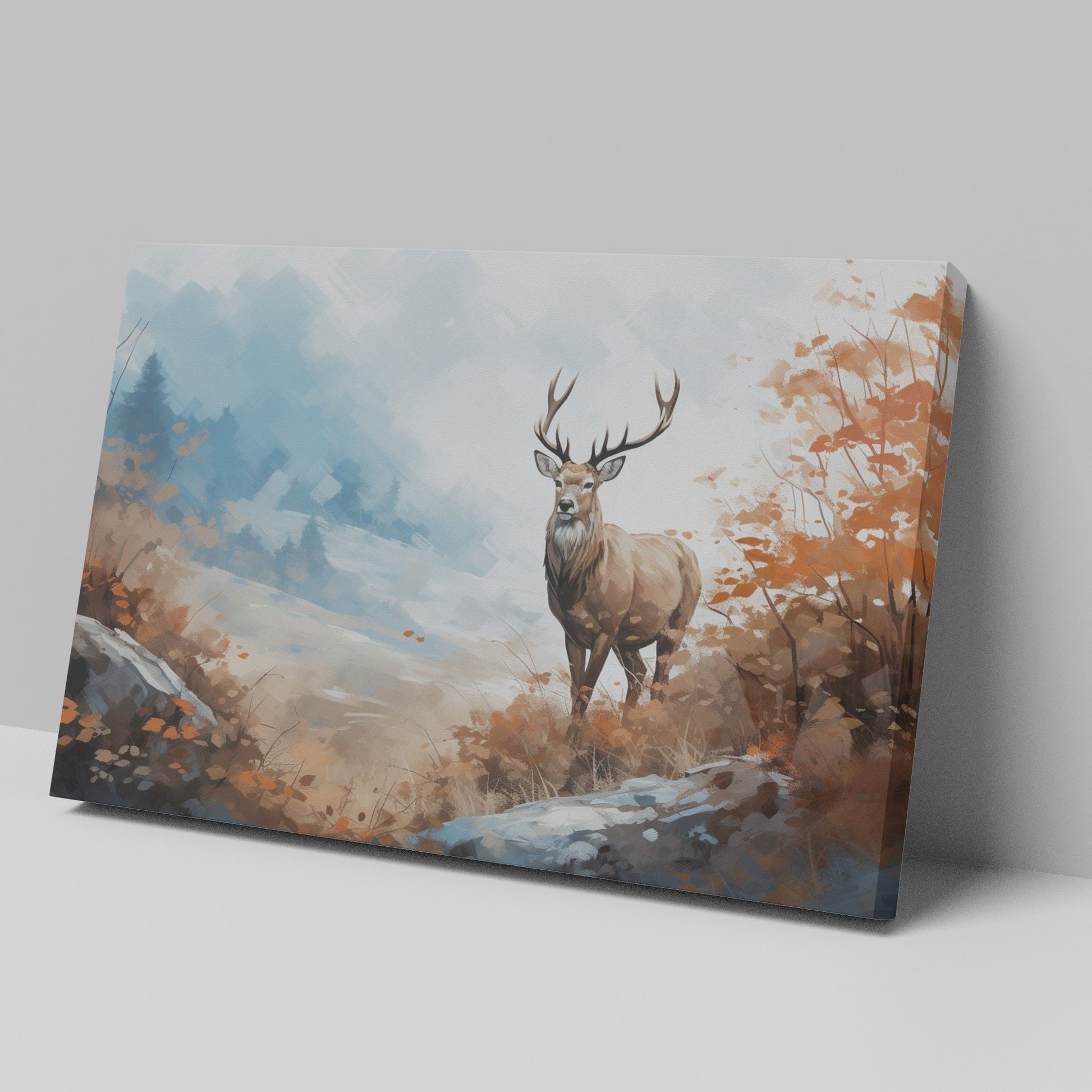 Framed canvas print of a majestic stag in a stylised autumn forest scene