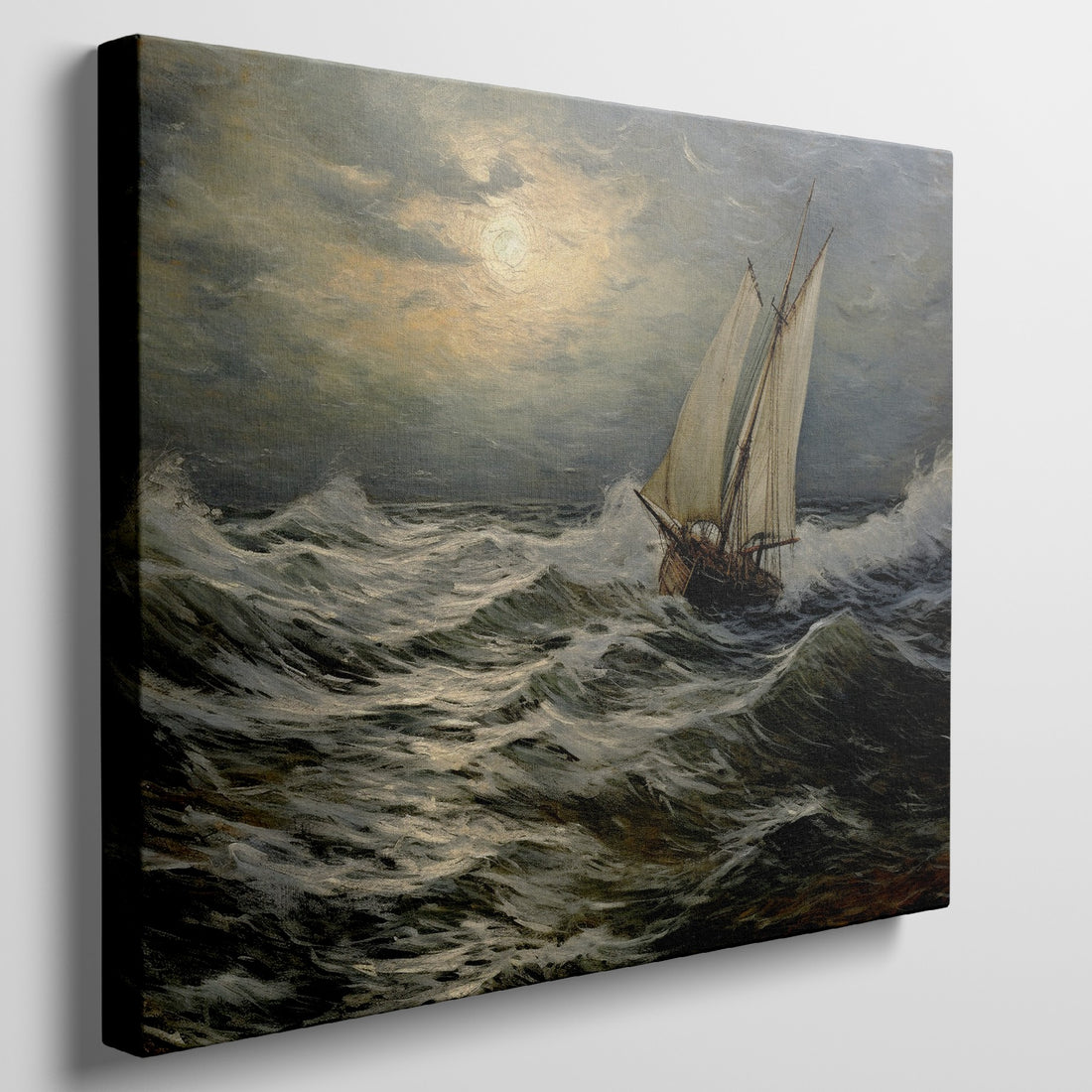 Framed canvas print of a classic maritime seascape with a sailing ship braving tumultuous ocean waves under a cloudy golden sky.