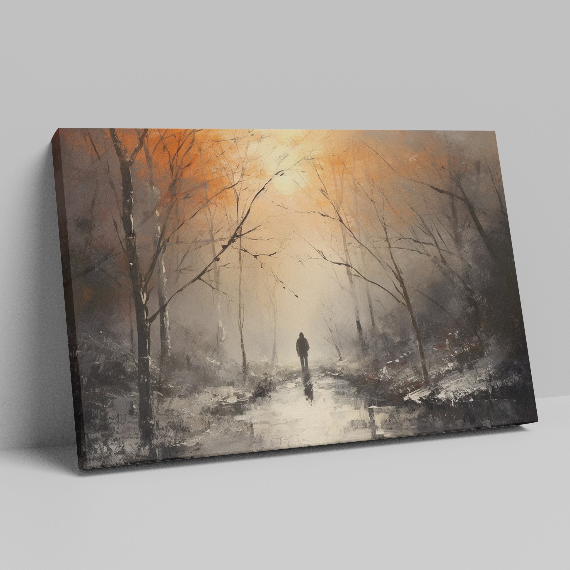 Framed canvas print of a solitary figure walking through a misty, autumnal forest with warm, glowing light