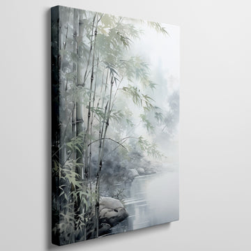 Framed canvas print of a misty bamboo grove with soft watercolour finishes