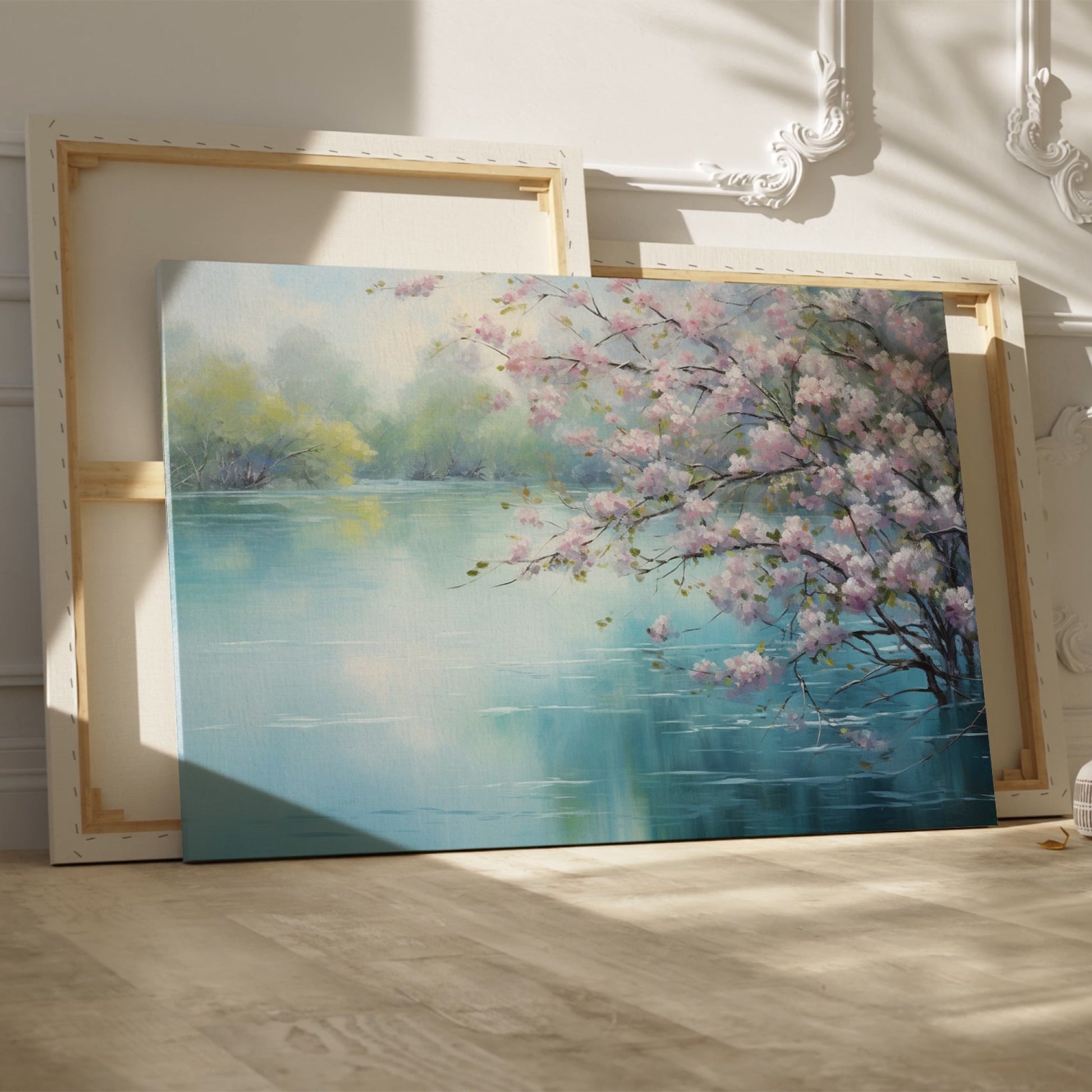 Framed canvas print of Cherry Blossoms by a Tranquil Lake with Pastel Colours