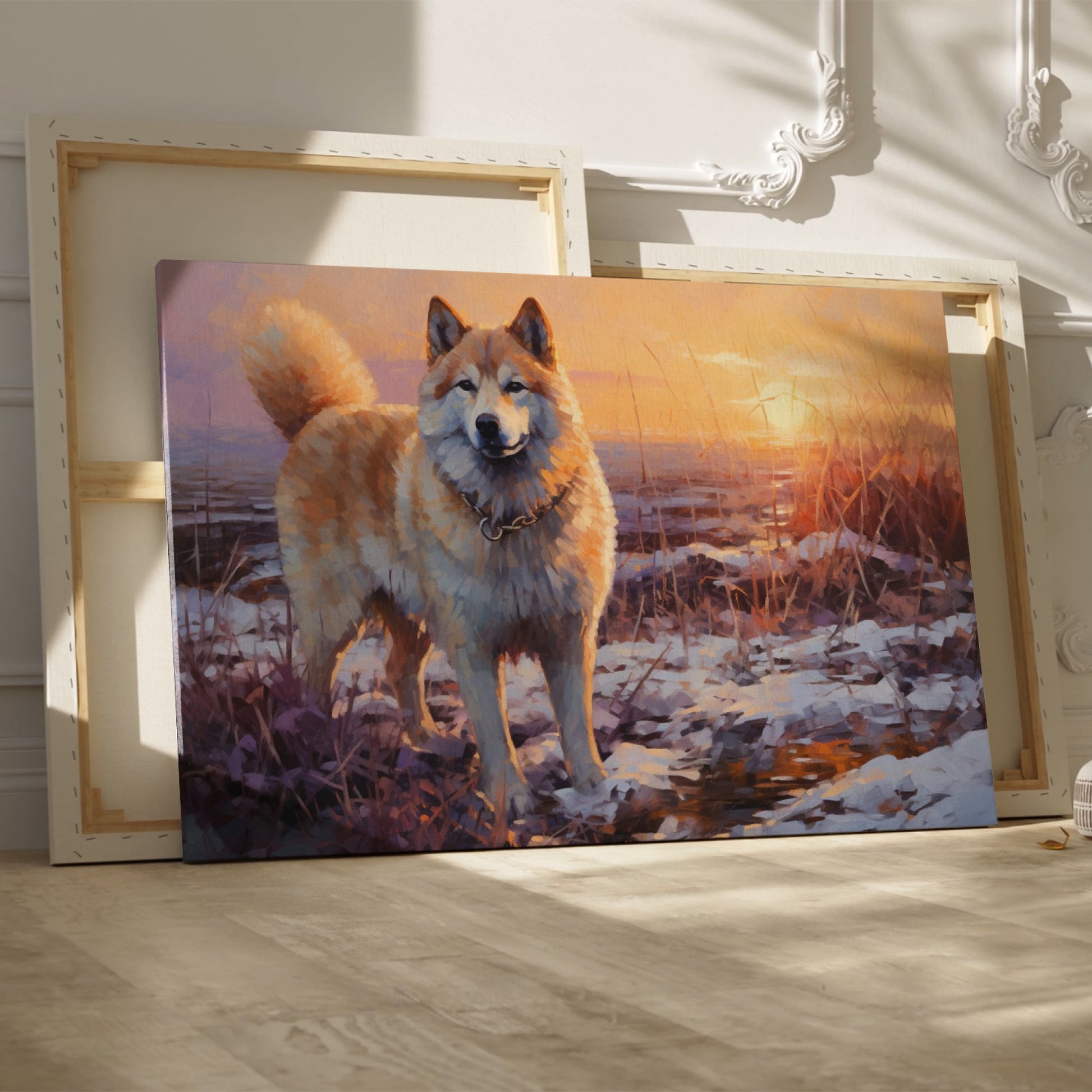 Framed canvas print of a dog in impressionist style with a winter sunset in the background