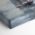 Framed canvas print of an impressionistic painting of a sailboat in a misty seascape setting