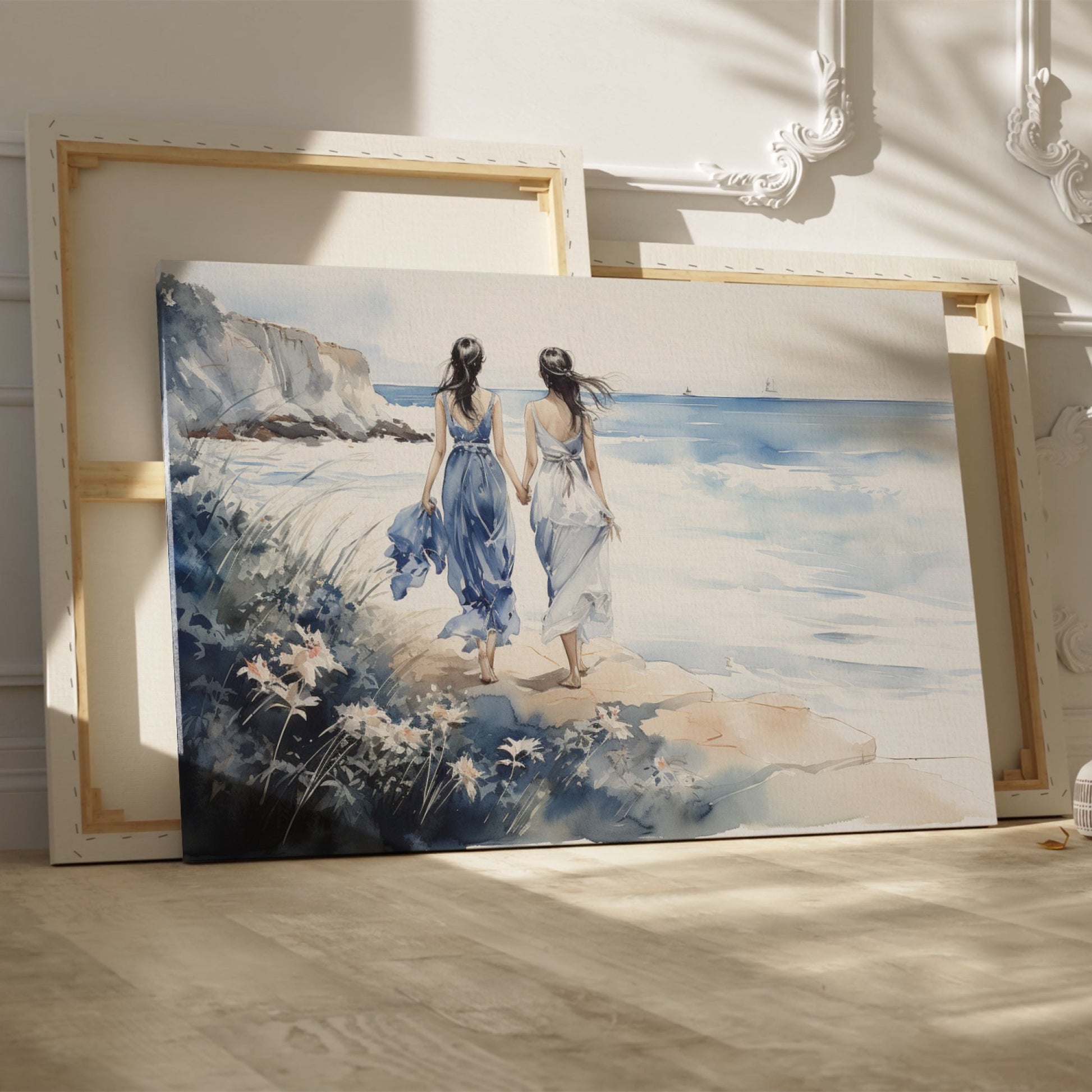 Watercolor painting of two women in blue and white dresses walking along a seaside cliff with a calm ocean backdrop