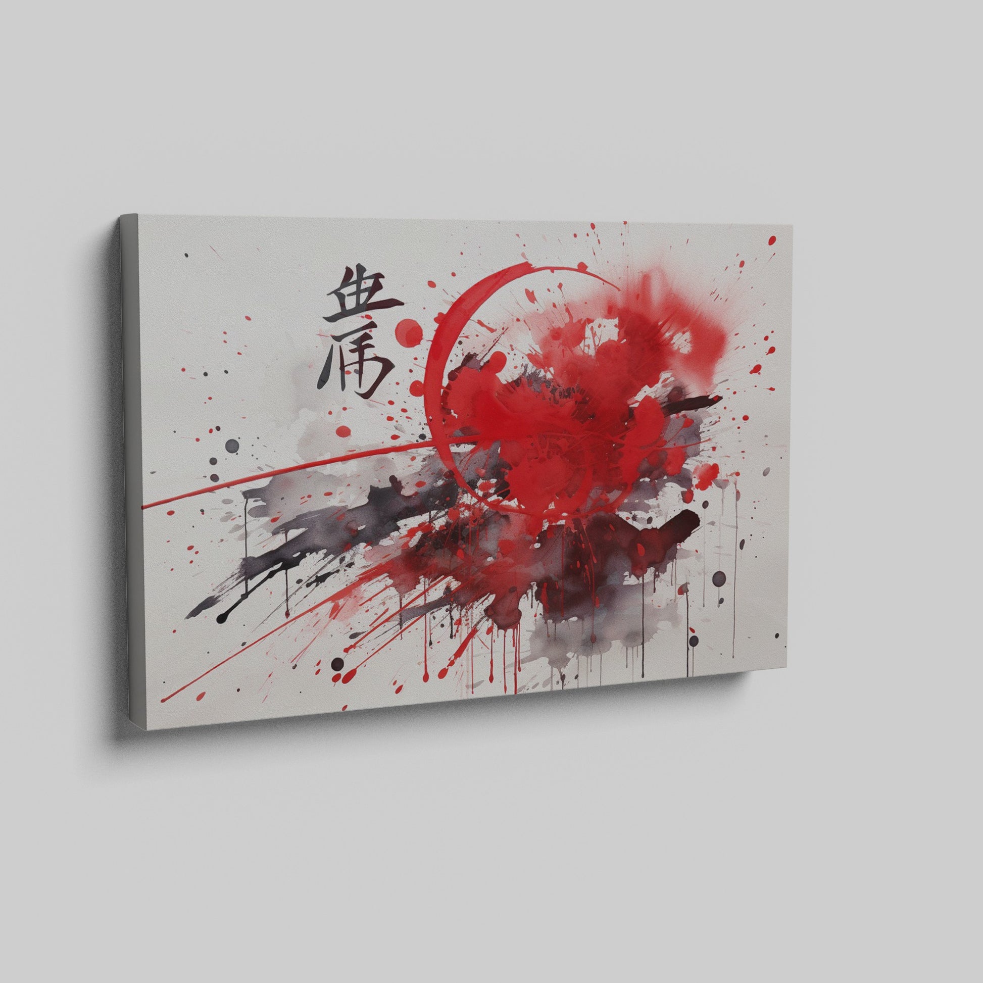 Framed canvas print of abstract red and black ink splash with oriental calligraphy