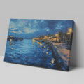 Framed canvas print of twilight seascape with vivid blue waters and illuminated harbour lights