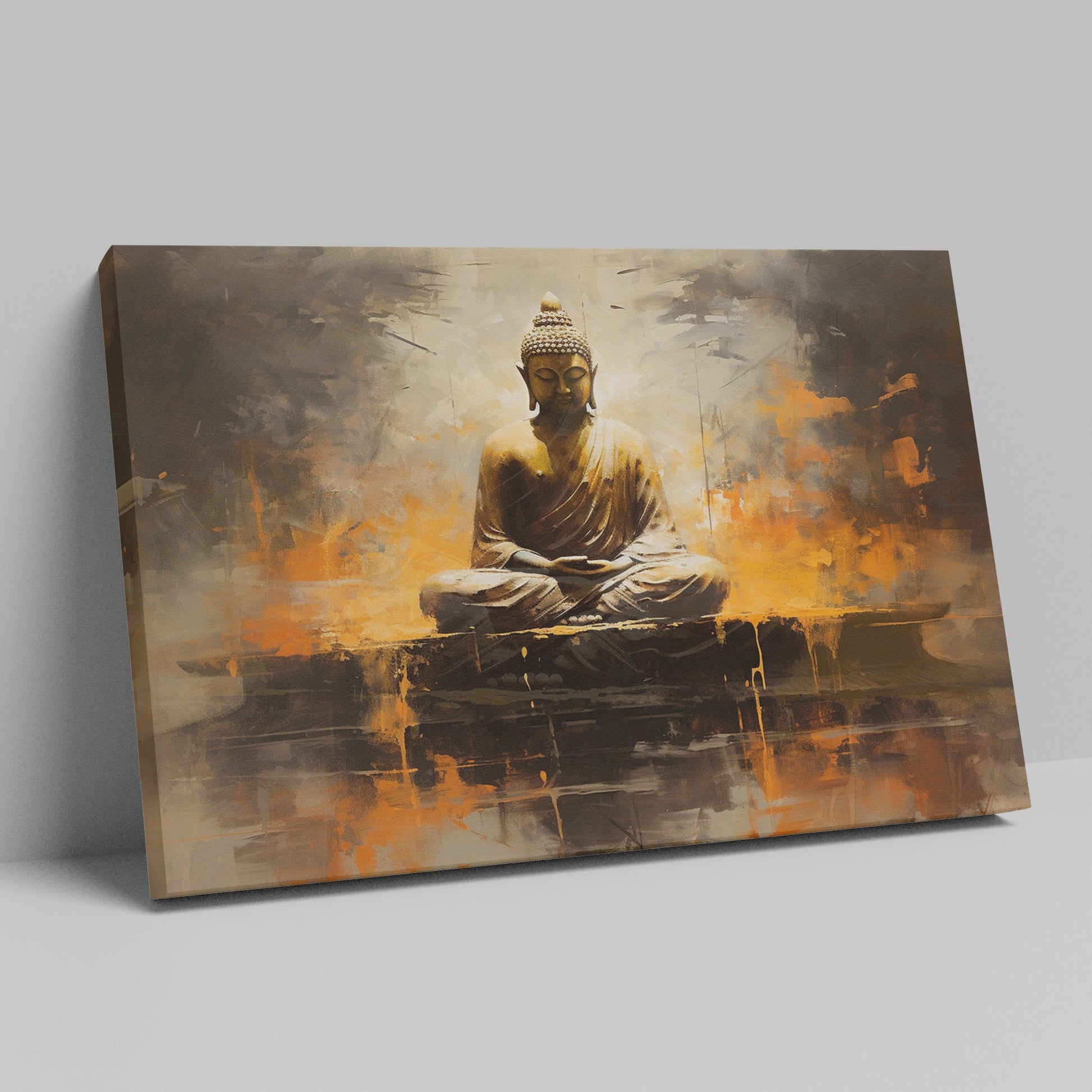 Framed canvas print of a serene Buddha in abstract style with warm orange and brown tones