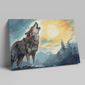 Framed canvas print of a howling wolf in a forest at sunset with orange and blue tones