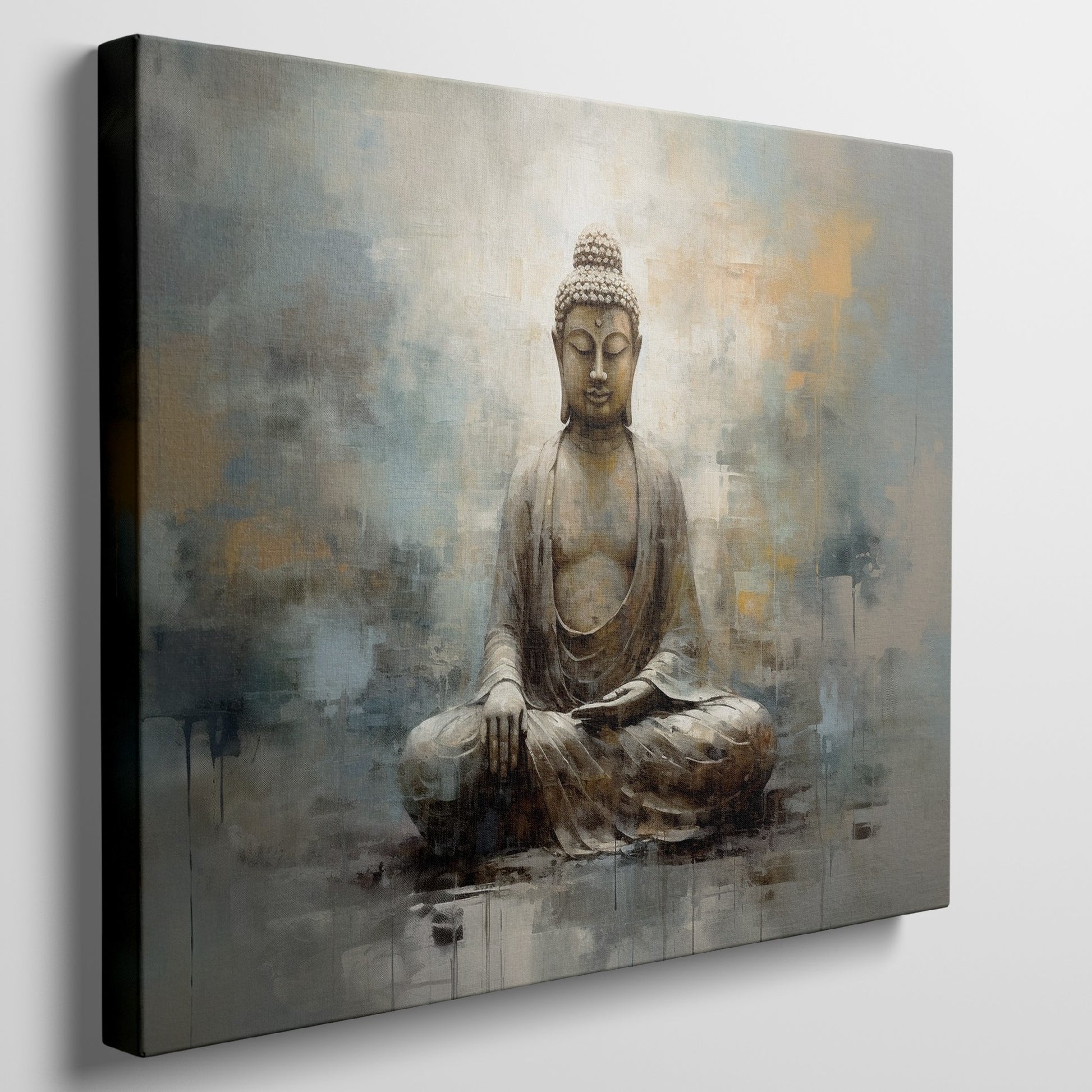 Framed canvas print of a serene Buddha in abstract style with earthy, golden hues