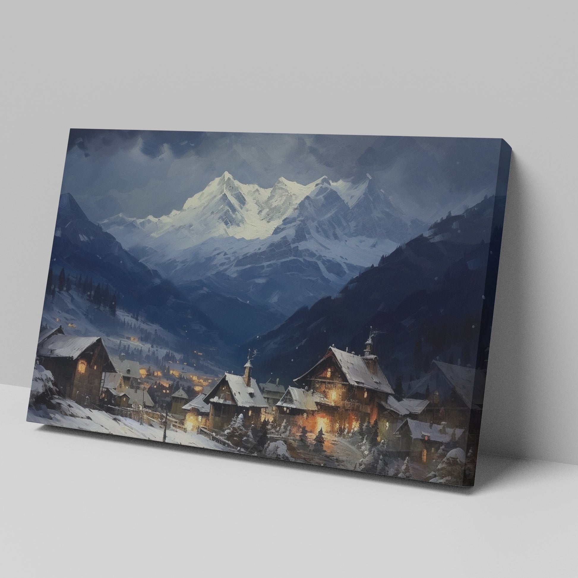 Framed canvas print of a snowy Alpine village with mountain backdrop and evening glow