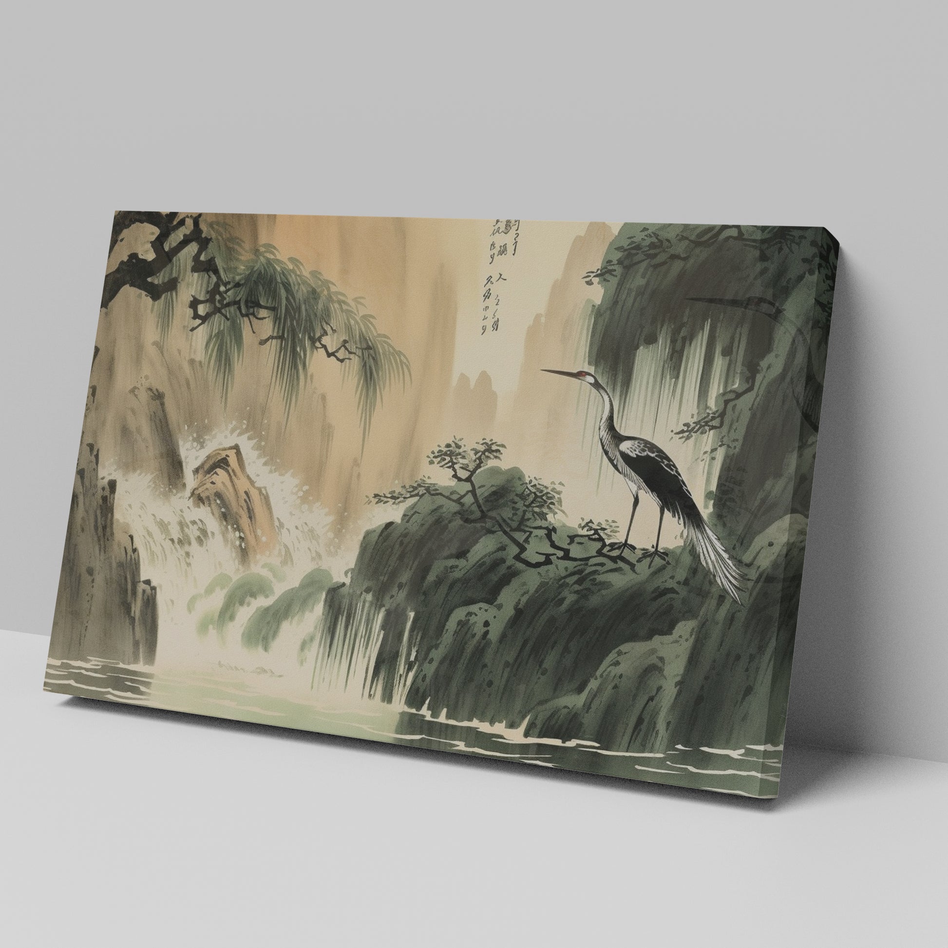 Framed canvas print of an Oriental crane beside a waterfall in traditional Chinese ink wash style