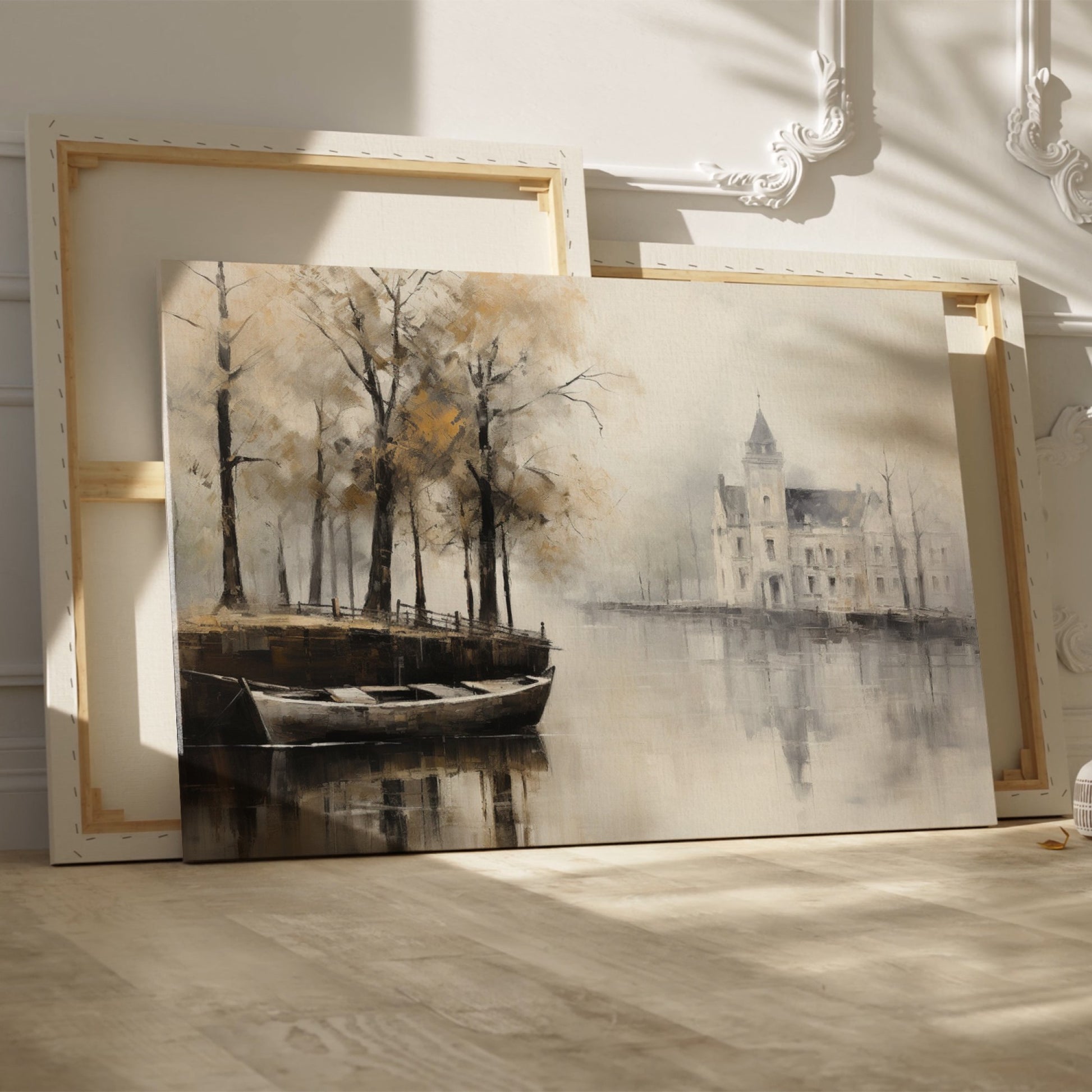 Framed canvas print of a historic chateau reflected on a lake with autumn trees and a rowboat in a misty scene