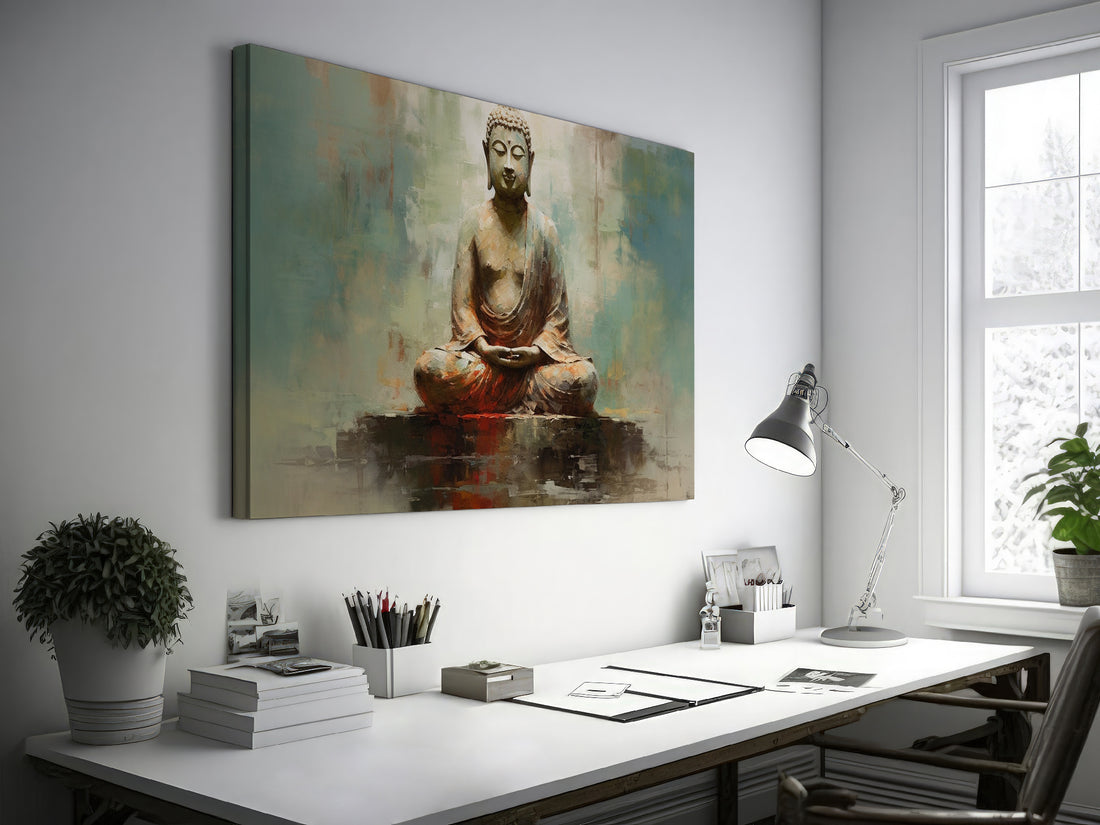 Framed canvas print of a meditative Buddha in abstract earthy tones