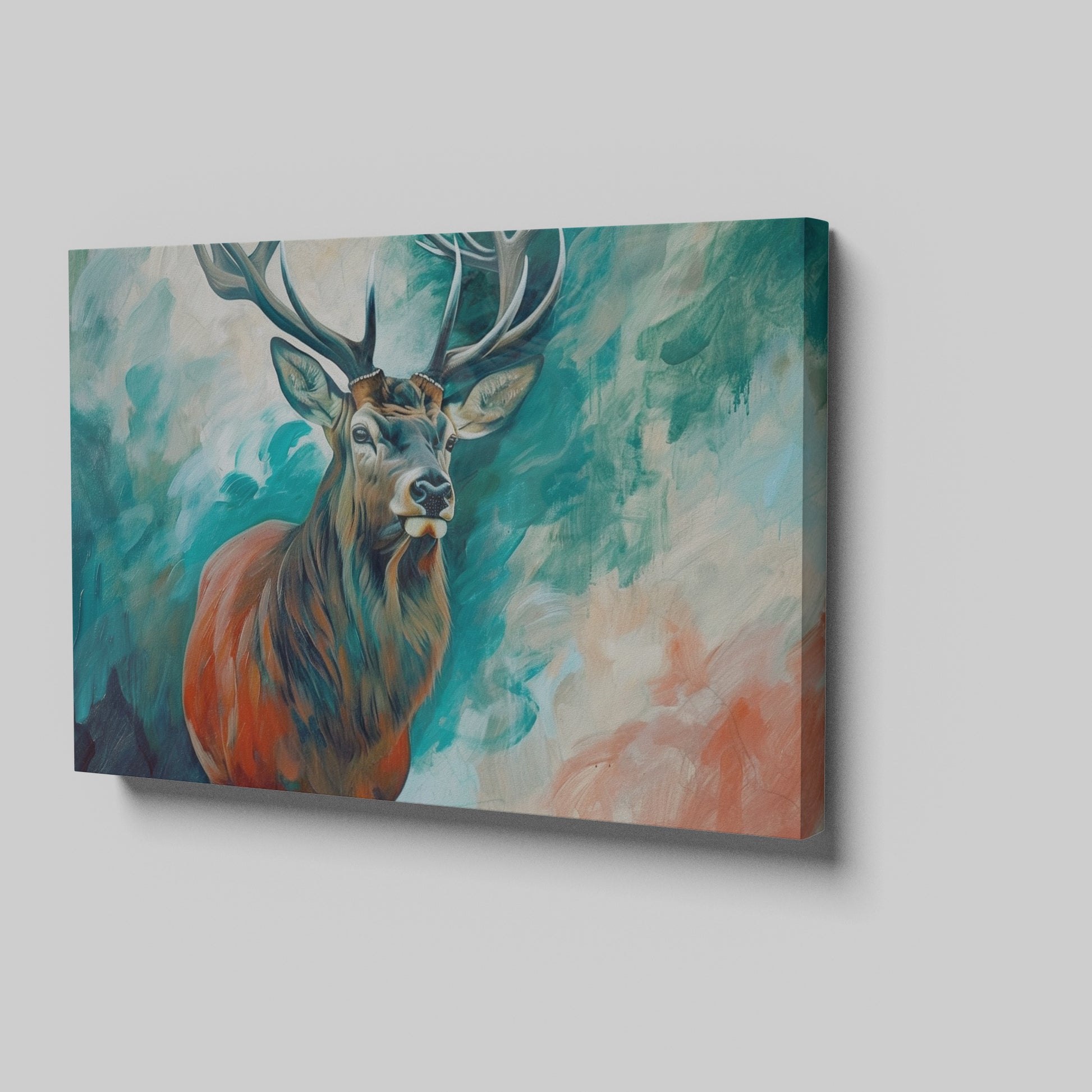 Framed canvas print of a majestic stag with vibrant turquoise and earthy orange tones