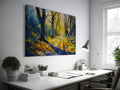 Framed canvas print of a sunlit path through a misty forest in watercolour with vibrant yellow and cool blue tones