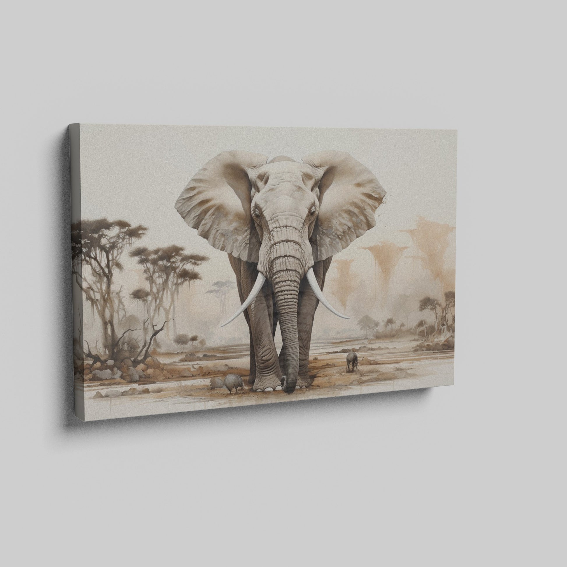 Framed canvas print of a realistic African elephant in a savannah landscape with acacia trees and soft beige tones