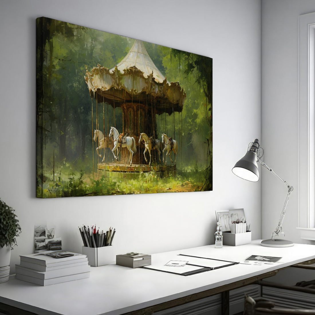 Framed canvas print of a vintage carousel in an enchanting forest setting with rich greenery and soft lighting