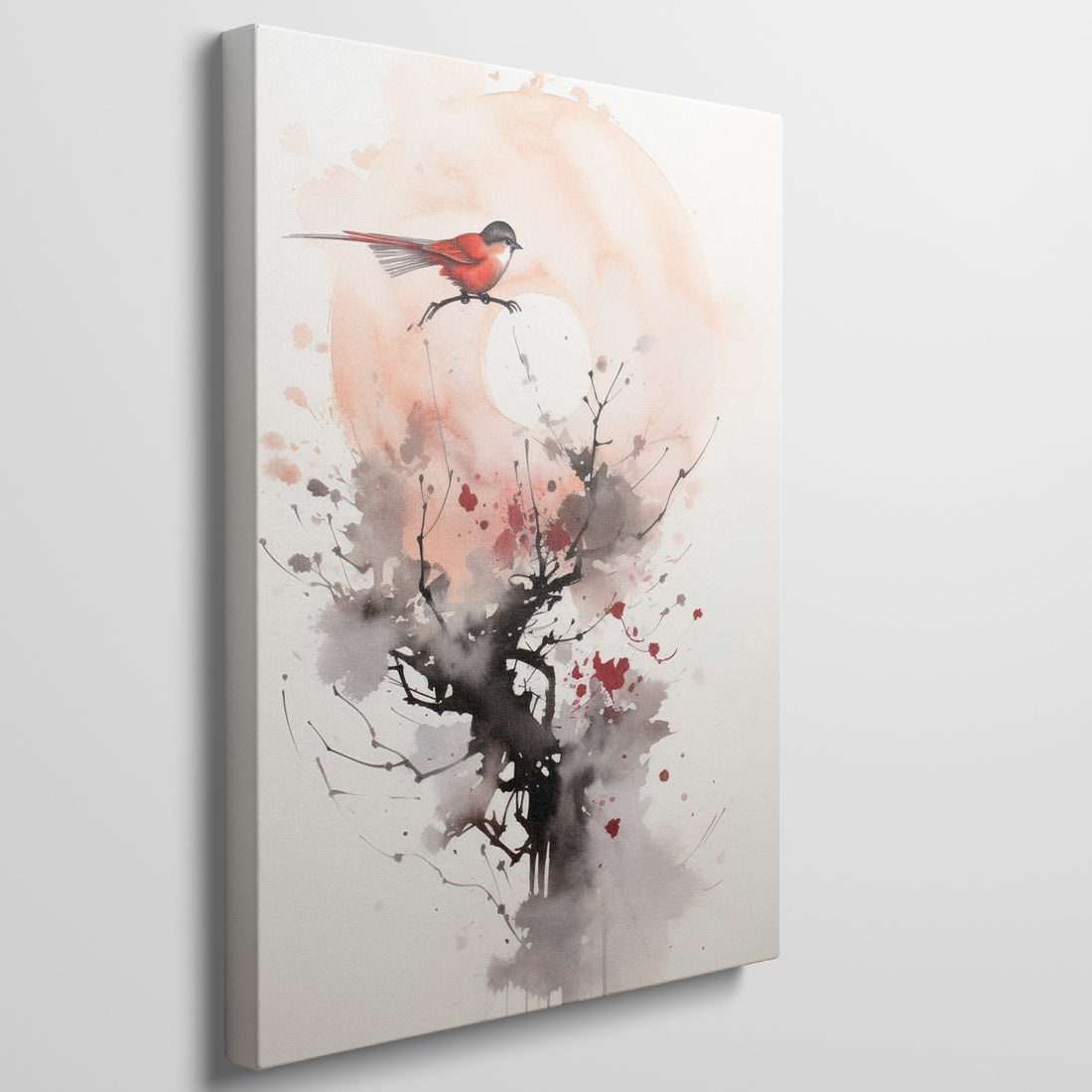 Abstract watercolor artwork featuring a red bird on a tree branch with beige and gray splash background.