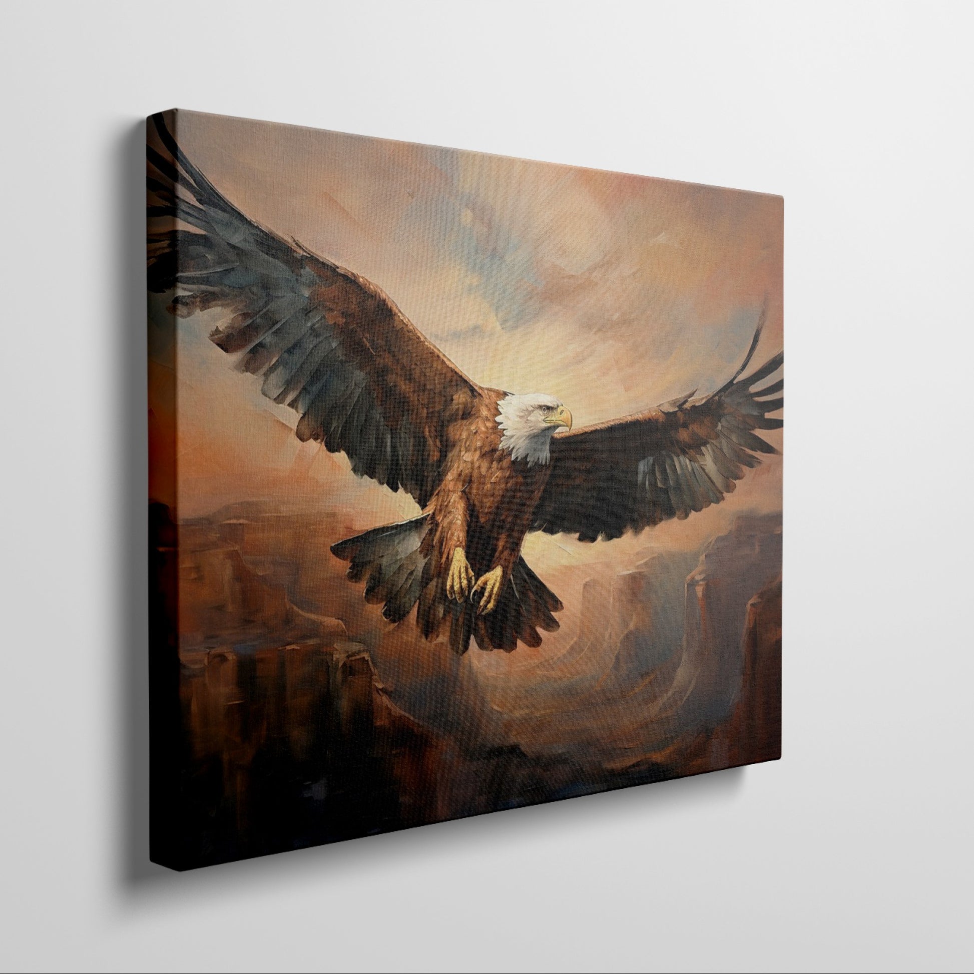 Framed canvas print of a majestic eagle flying over a canyon at sunset with warm golden and orange tones