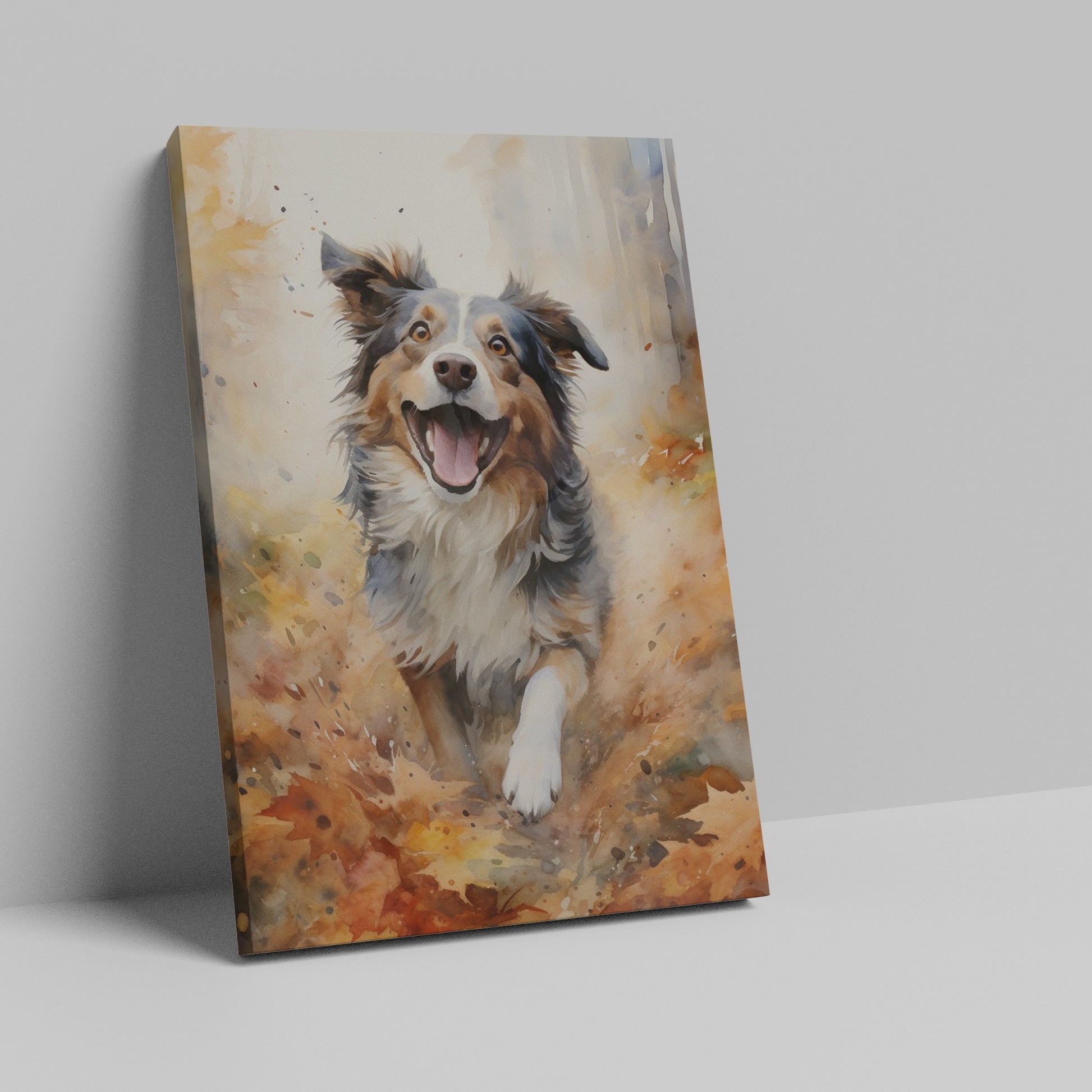 Framed canvas print of a joyful watercolour dog portrait with autumnal tones