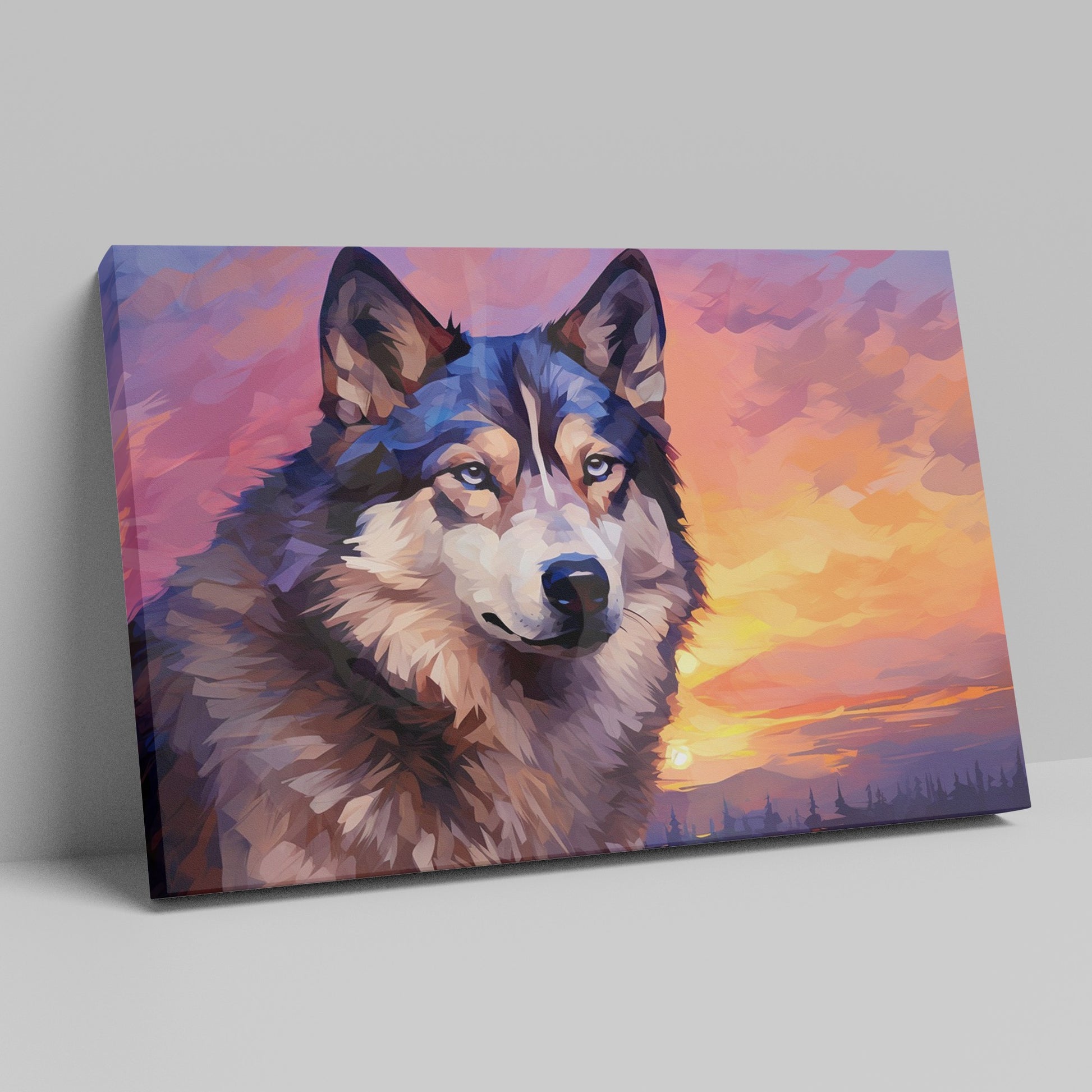 Framed canvas print of a stylized geometric husky against a colourful sunset