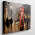 Framed canvas print of an impressionistic painting of a rainy London street with a red telephone box