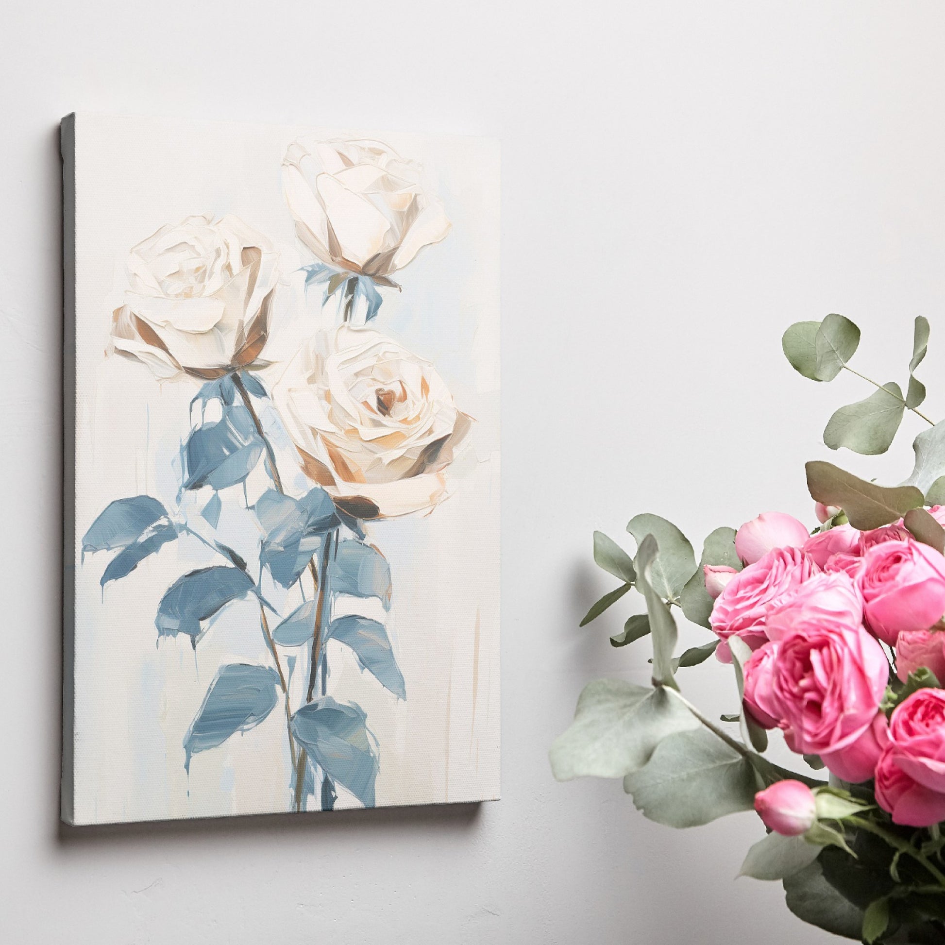 Framed canvas print of stylised abstract roses in neutral colours