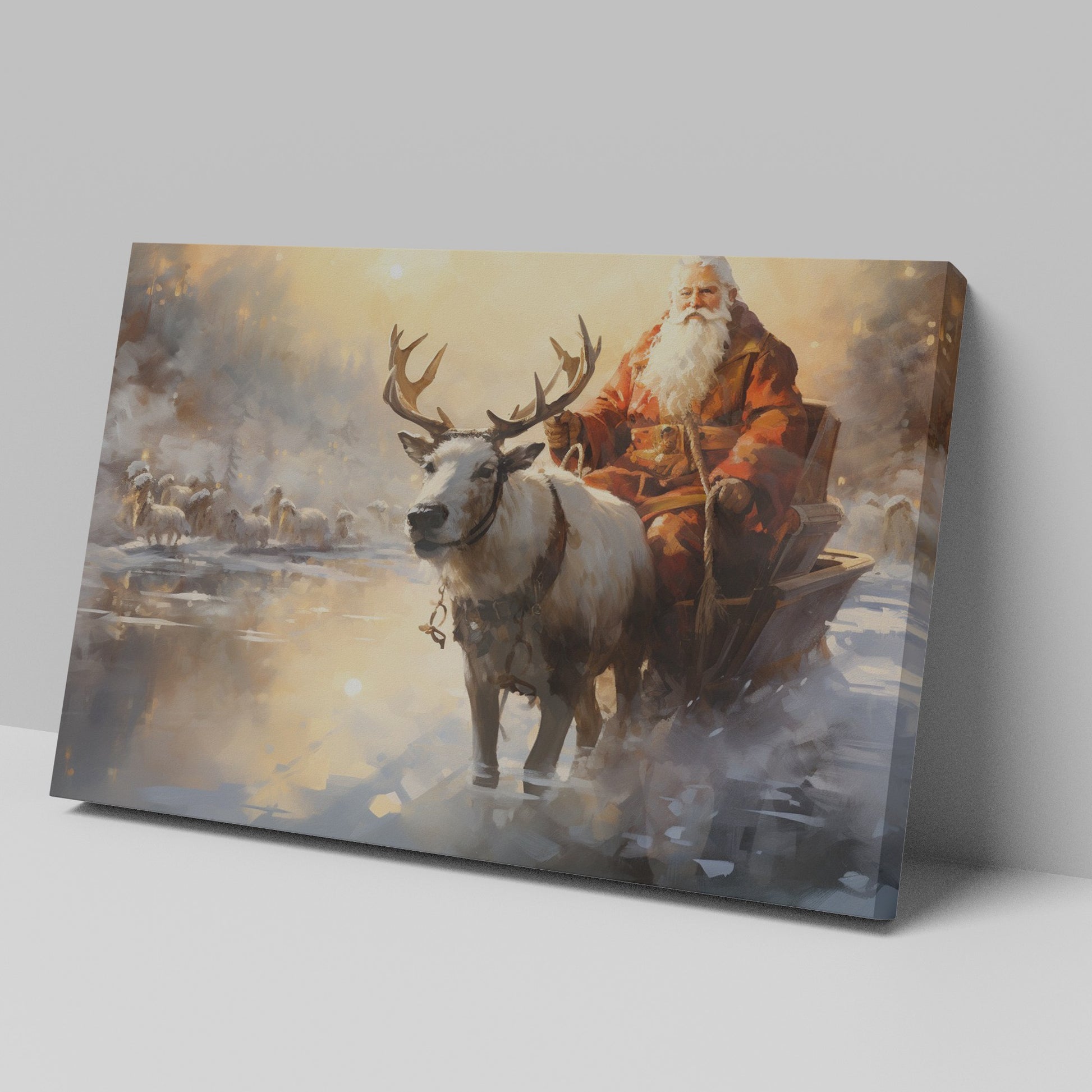 Framed canvas print of a mythical figure in red with a reindeer in a warm, snowy sunset landscape