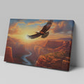 Framed canvas print of a majestic eagle flying over a sunset-lit river canyon