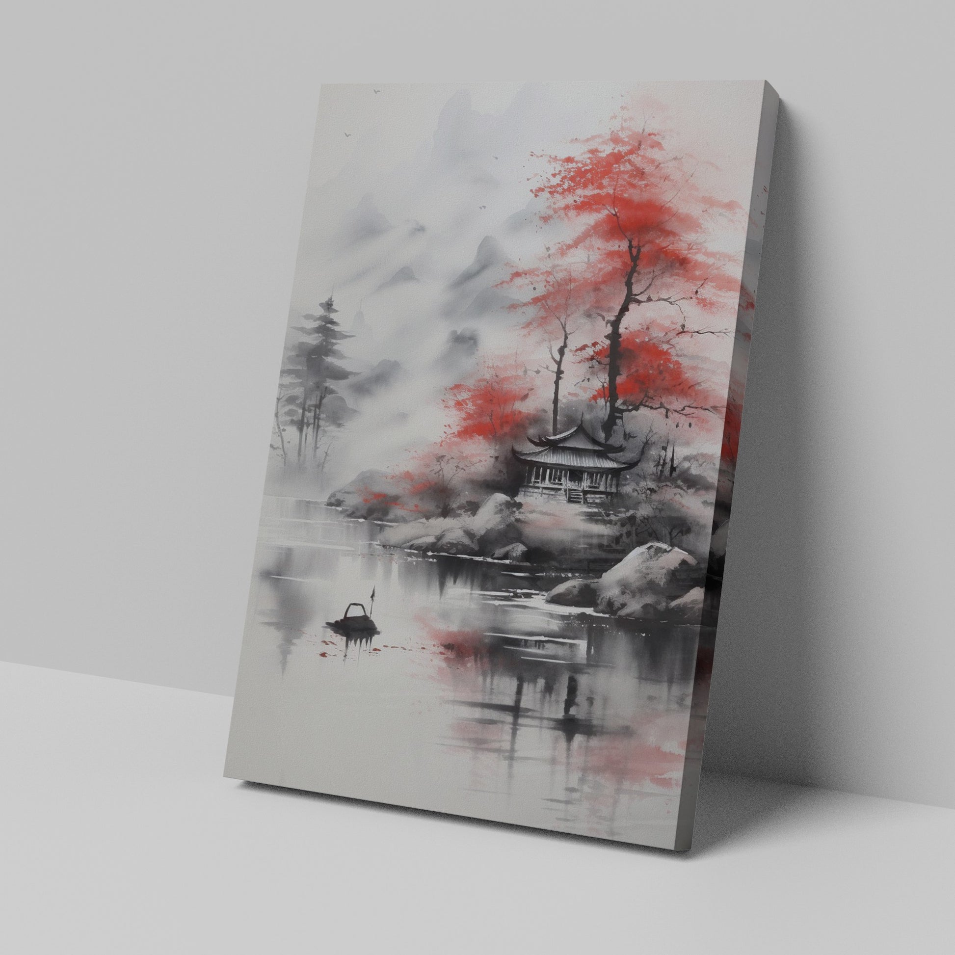 Framed canvas print of traditional Oriental landscape with misty mountains, a serene lake, and red foliage