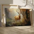 Framed canvas print of a majestic stag in a glowing autumn forest setting