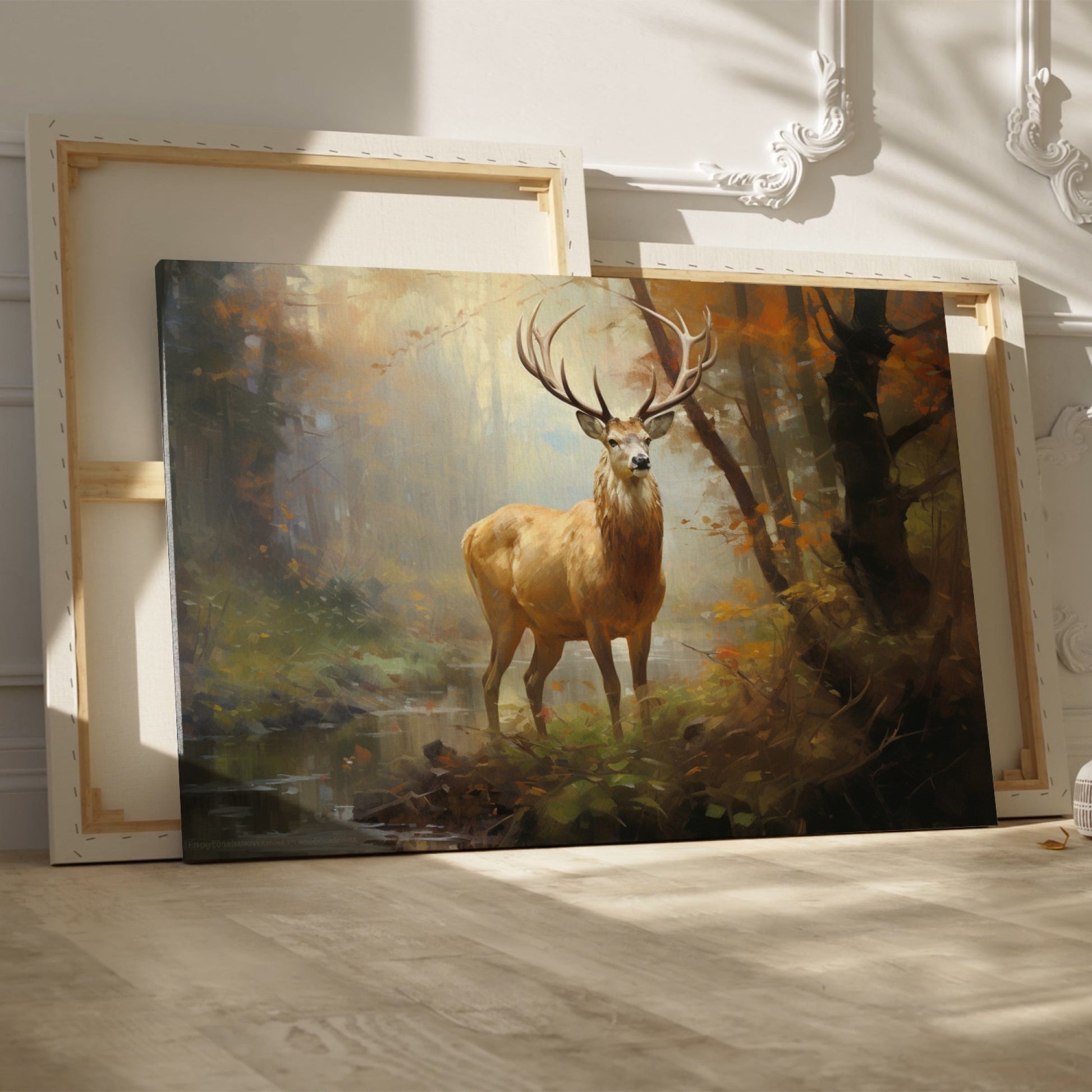 Framed canvas print of a majestic stag in a glowing autumn forest setting