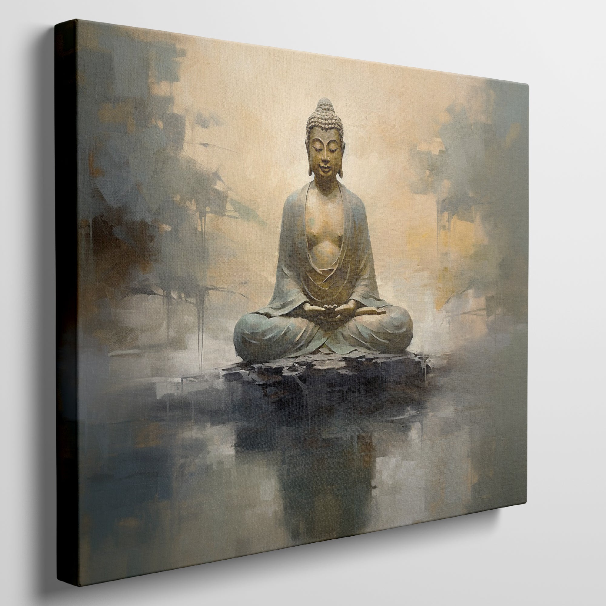 Framed canvas print of a serene Buddha in meditation with abstract golden backgrounds