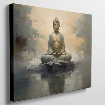 Framed canvas print of a serene Buddha in meditation with abstract golden backgrounds