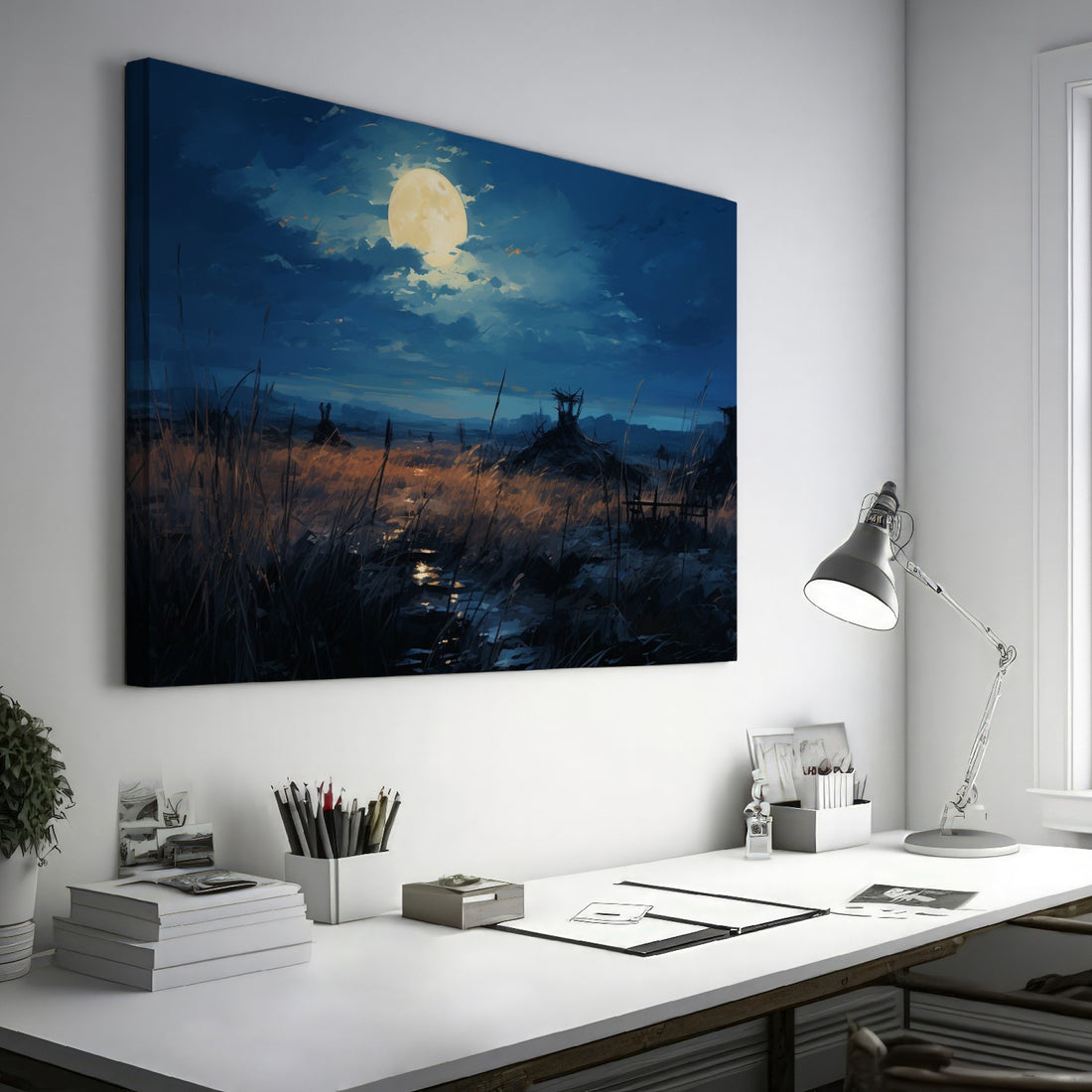 Framed canvas print of a moonlit rustic meadow with a full moon, golden tones and blue hues