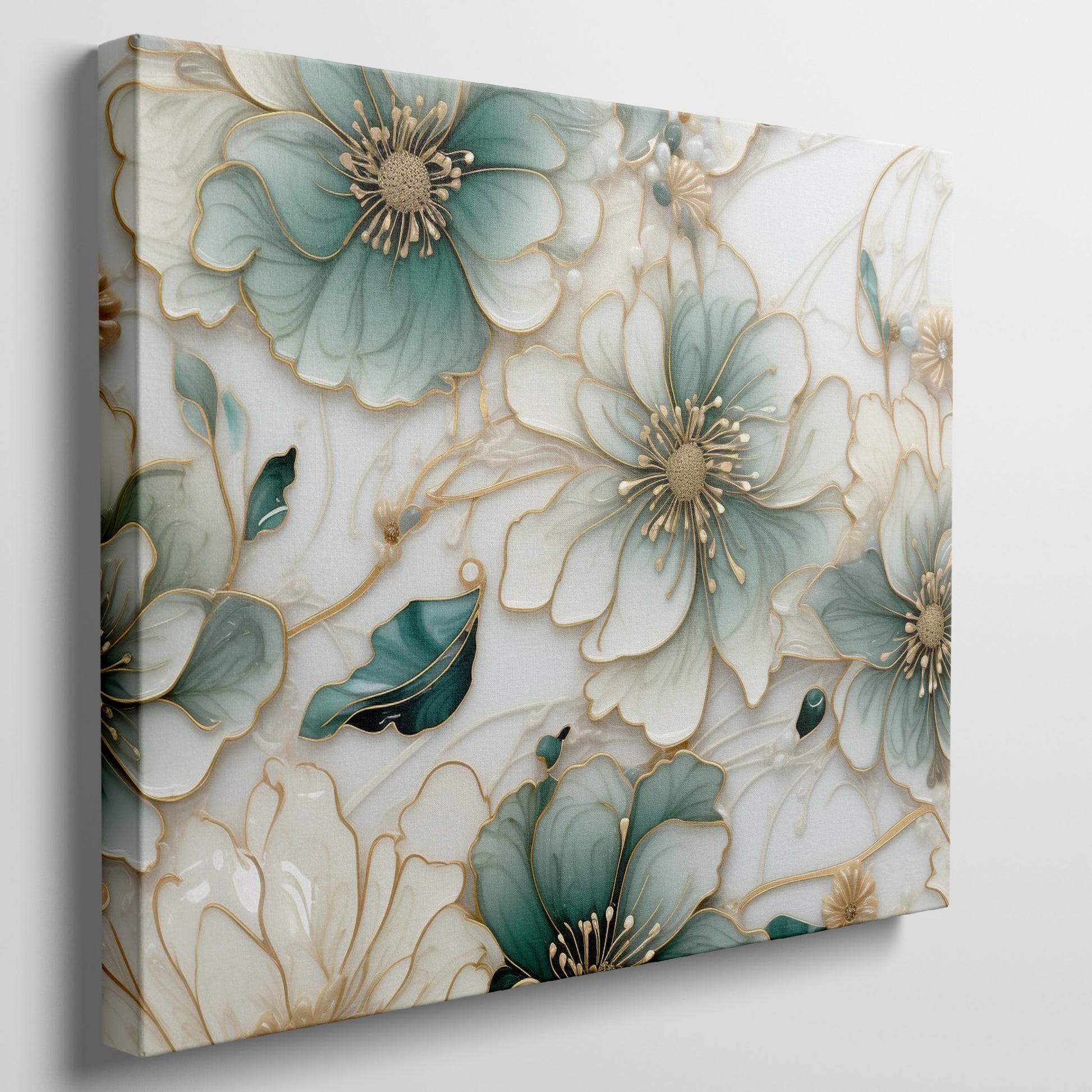 Framed canvas print of abstract turquoise and ivory flowers with gold trim