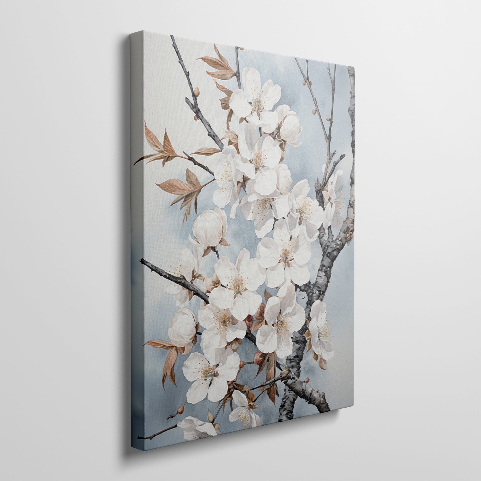 Framed canvas print of realistic cherry blossoms on a serene sky blue background