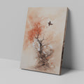 Abstract watercolor painting of a tree with red highlights and a bird in flight on a beige background