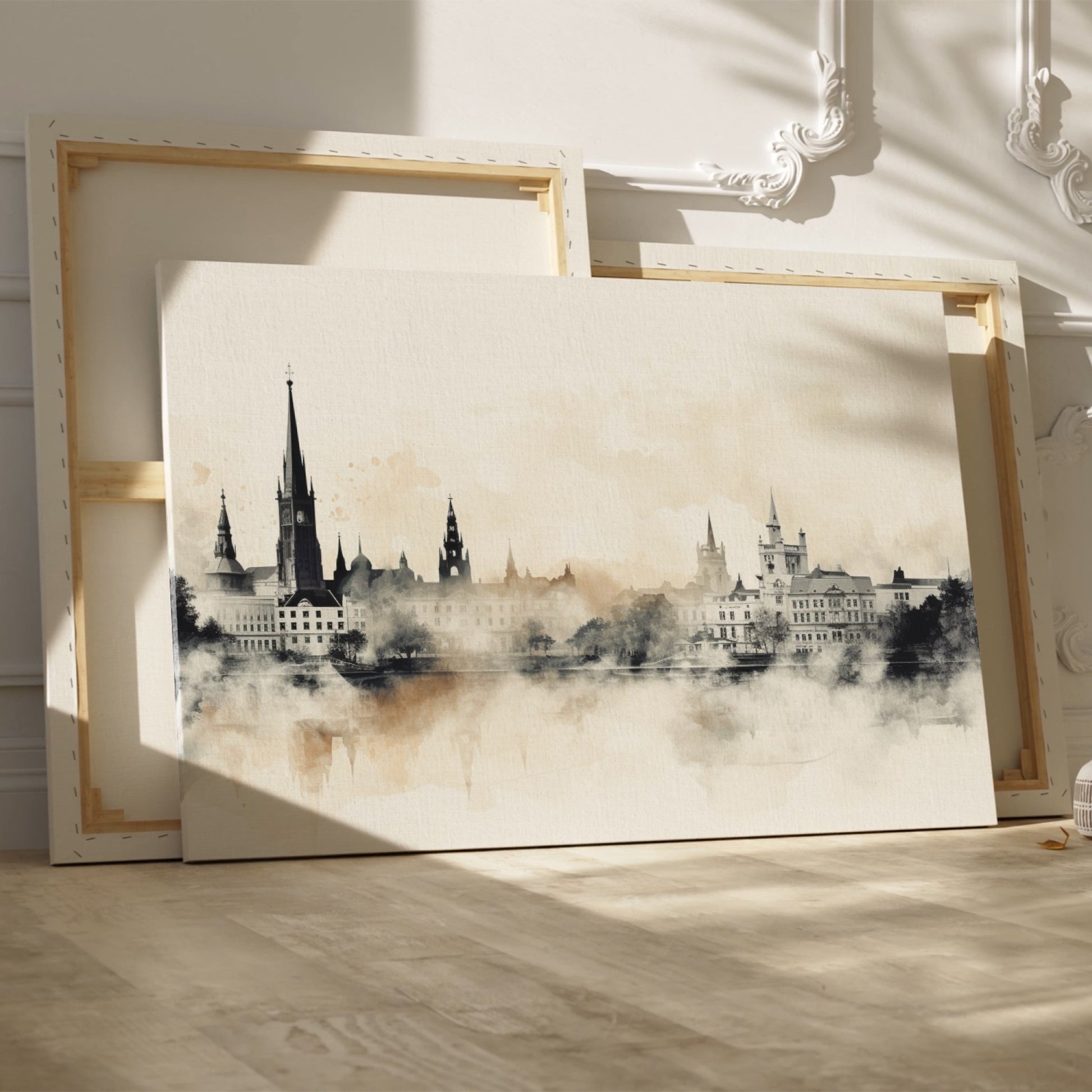 Framed canvas print of a monochromatic sepia cityscape with watercolor and reflection effects