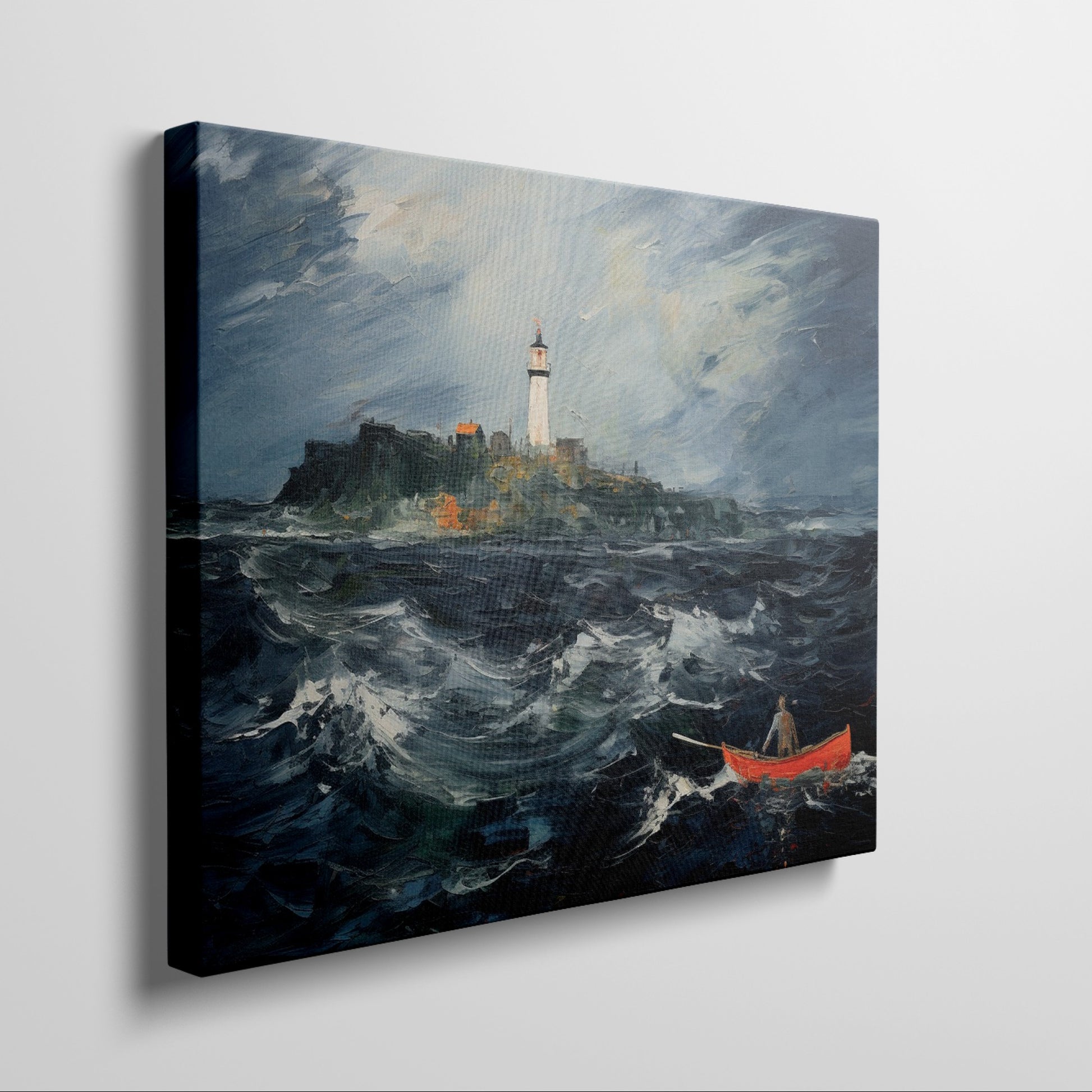 Framed canvas print of a stormy sea with a lighthouse on a cliff and a small boat navigating the waves